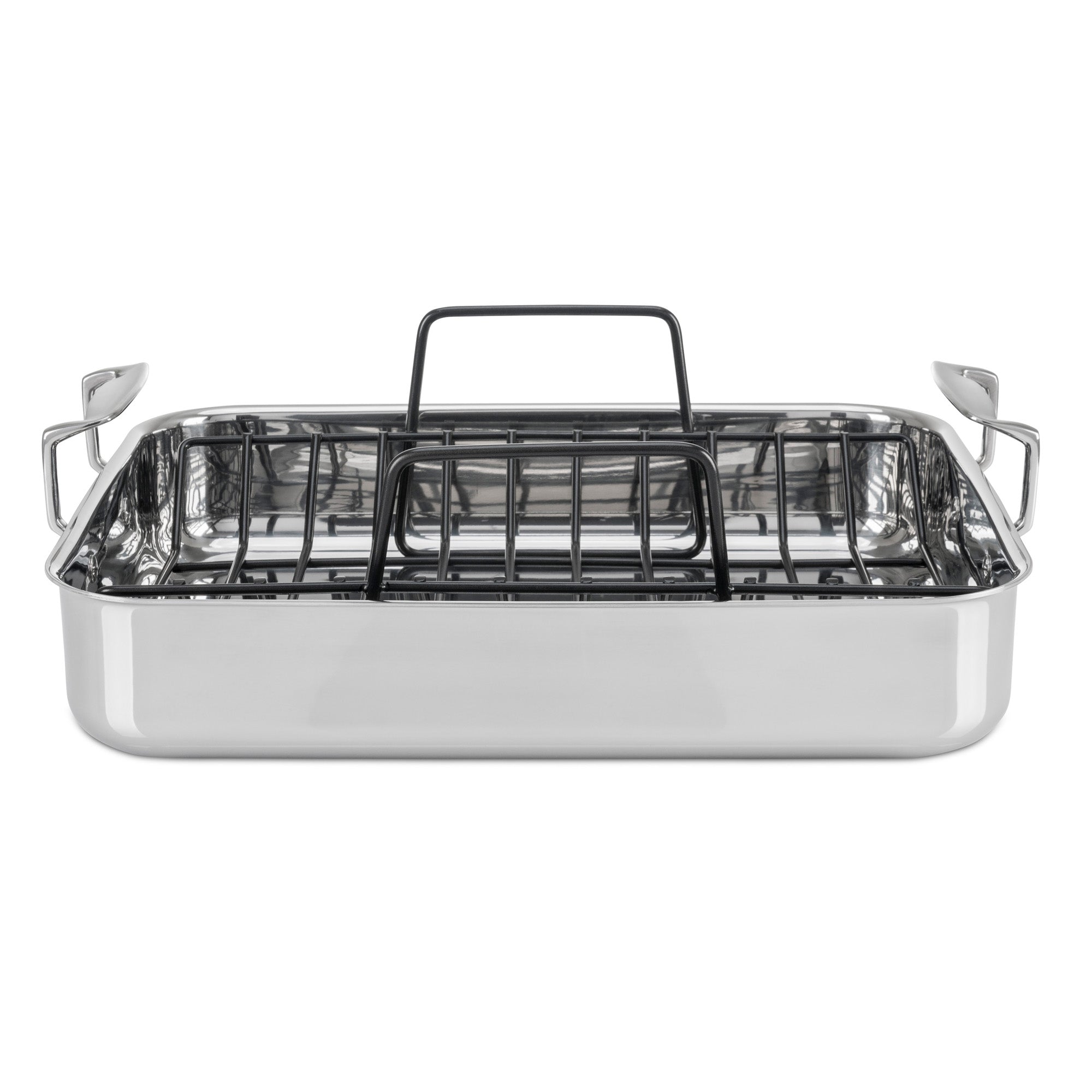 The Viking 3-Ply Stainless Steel Roaster with Rack by Viking Culinary Products is a rectangular pan with two side handles and a removable nonstick rack, pictured from the front on a white background.