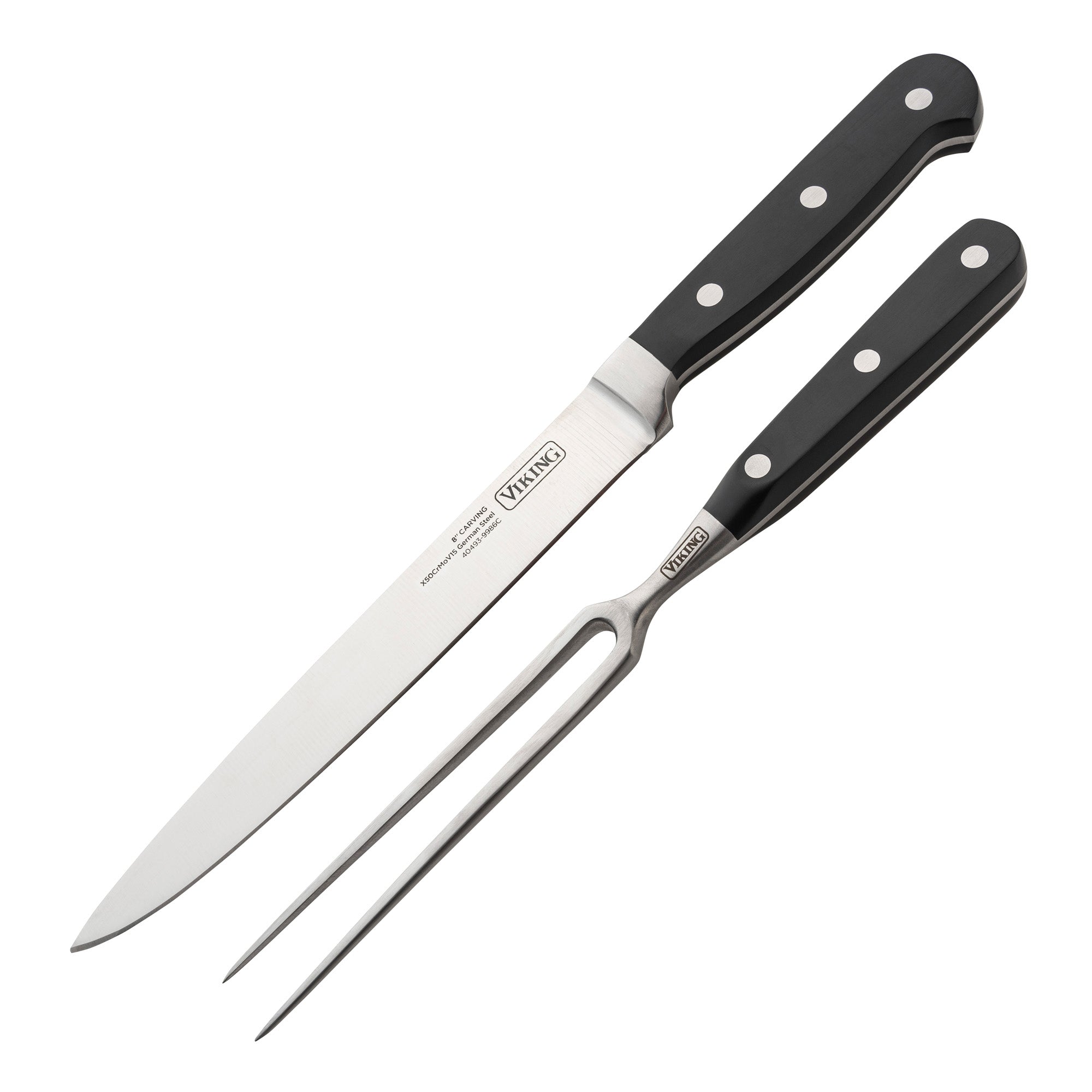 The Viking 3-Ply Stainless Steel Roaster with Rack and Bonus Carving Set by Viking Culinary Products includes a carving knife and meat fork, both with black handles and silver rivets, displayed side by side on a white background.