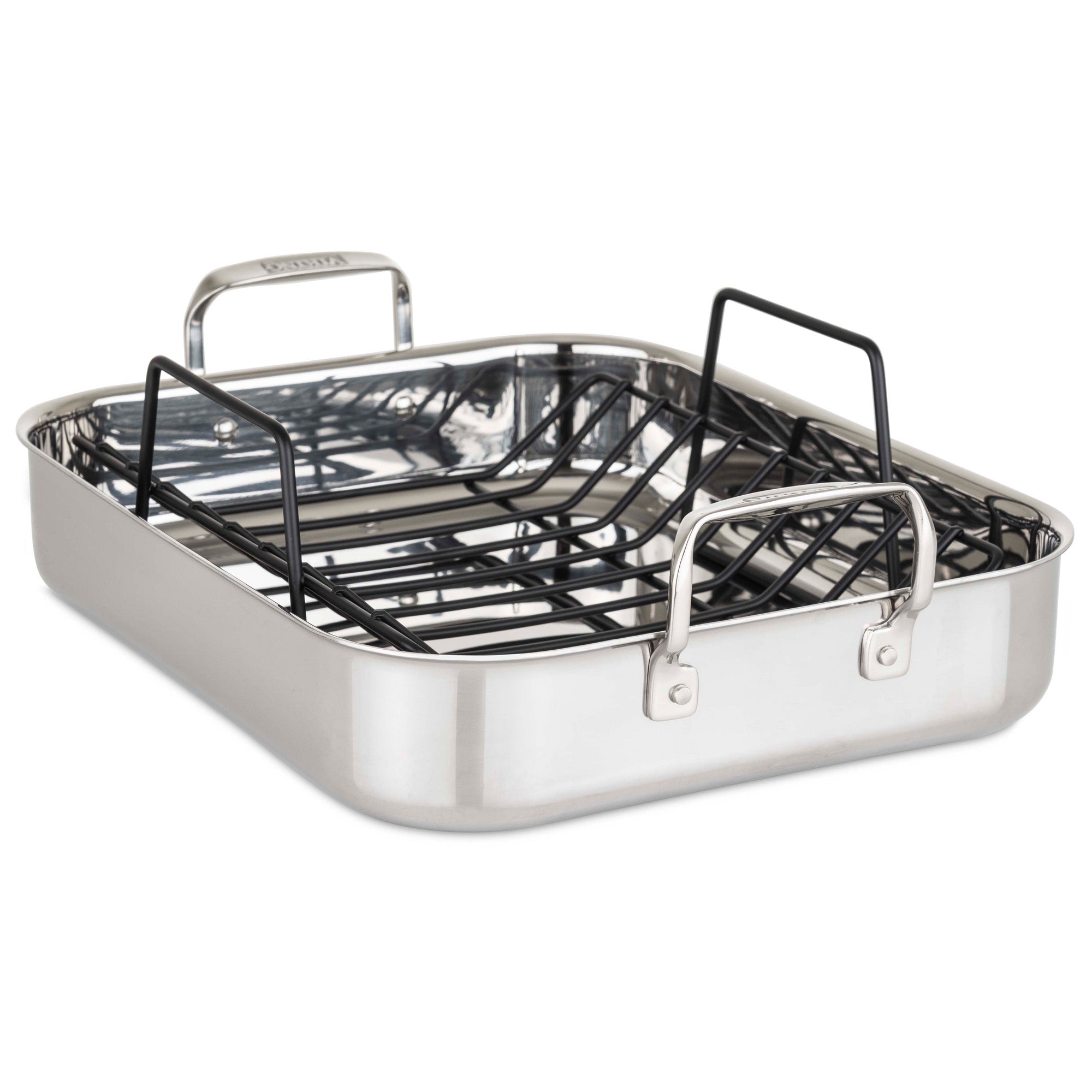 The Viking 3-Ply Stainless Steel Roaster with Rack and Bonus Carving Set by Viking Culinary Products features two handles, a removable nonstick rack, and is ideal for roasting meats or poultry in the oven.