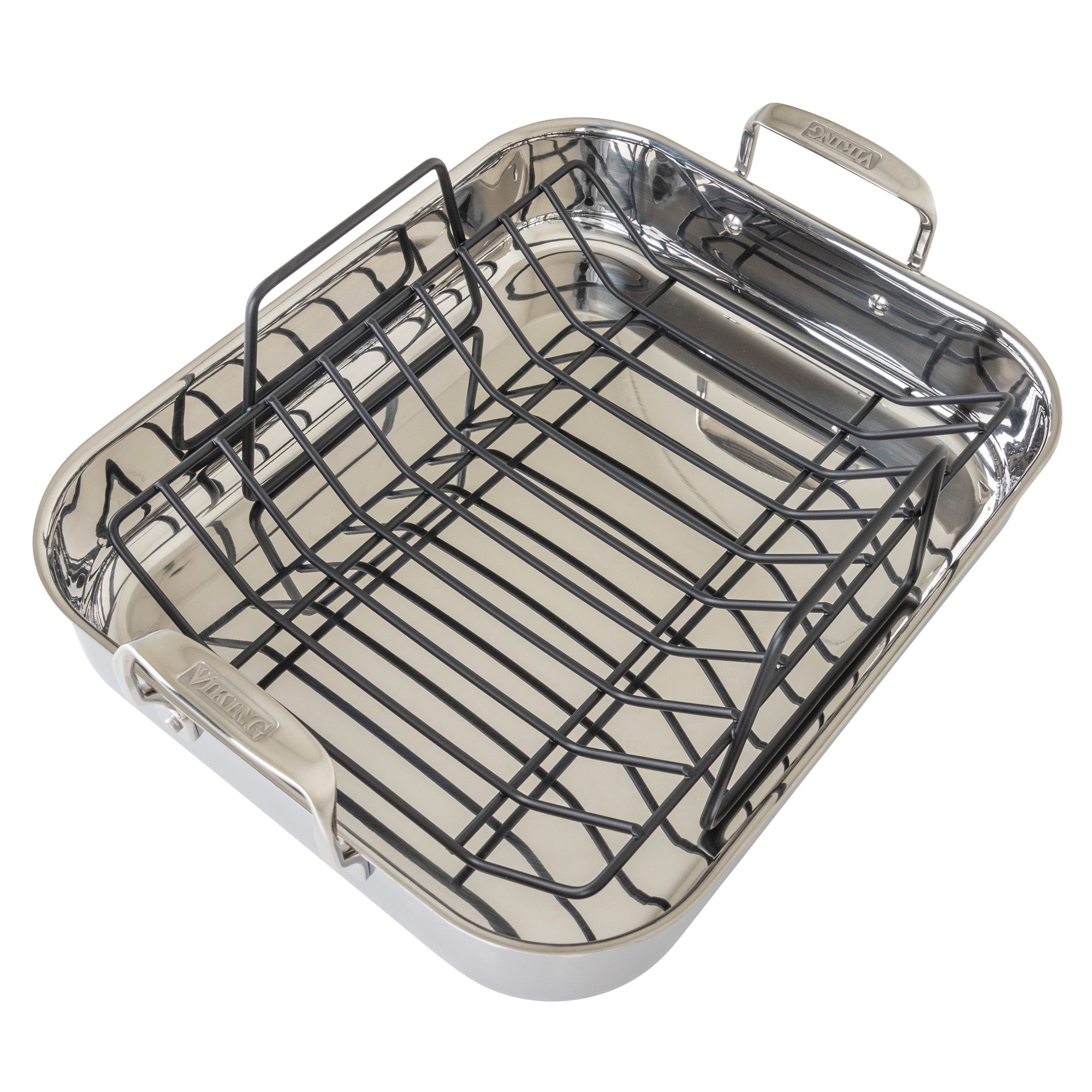 The Viking 3-Ply Stainless Steel Roaster with Rack and Bonus Carving Set by Viking Culinary Products features two handles, a removable nonstick rack, and is ideal for roasting meats or poultry and effortless serving.