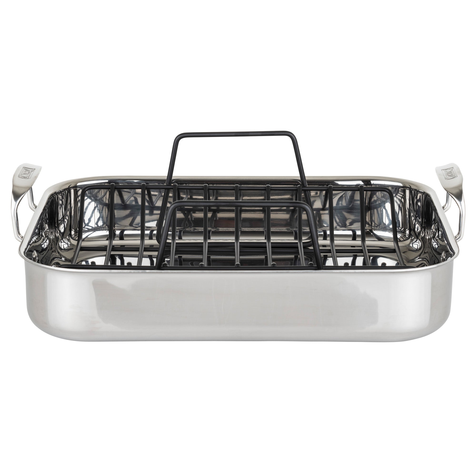 The Viking 3-Ply Stainless Steel Roaster with Rack and Bonus Carving Set by Viking Culinary Products features two handles and a black nonstick rack, shown from the front against a white background.