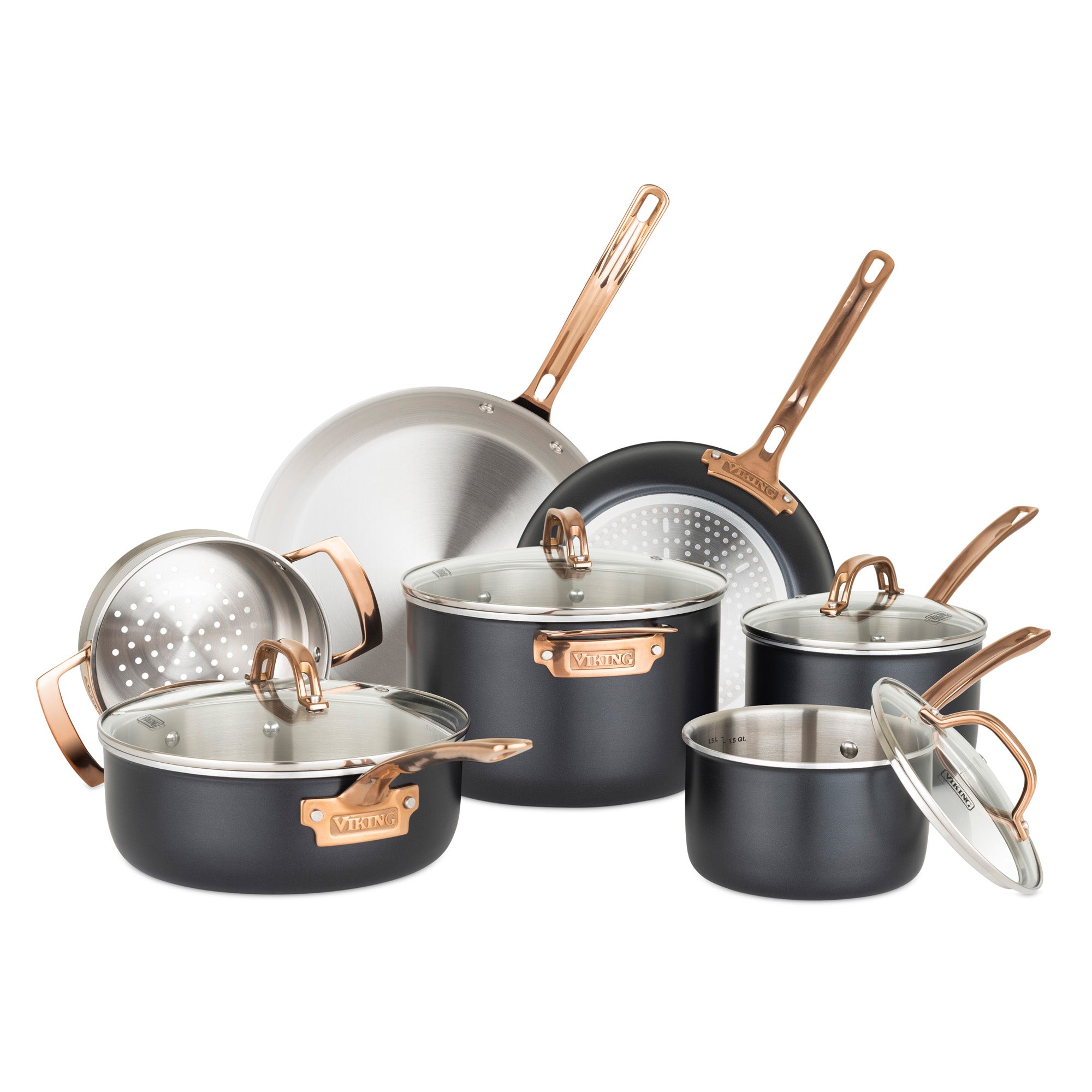 The Viking Culinary Products 3-Ply 11 Piece Black and Copper Cookware Set features pots, pans, and glass lids with copper accents, sleek black and stainless steel finish, and stay-cool handlesâ€”all displayed on a white background.