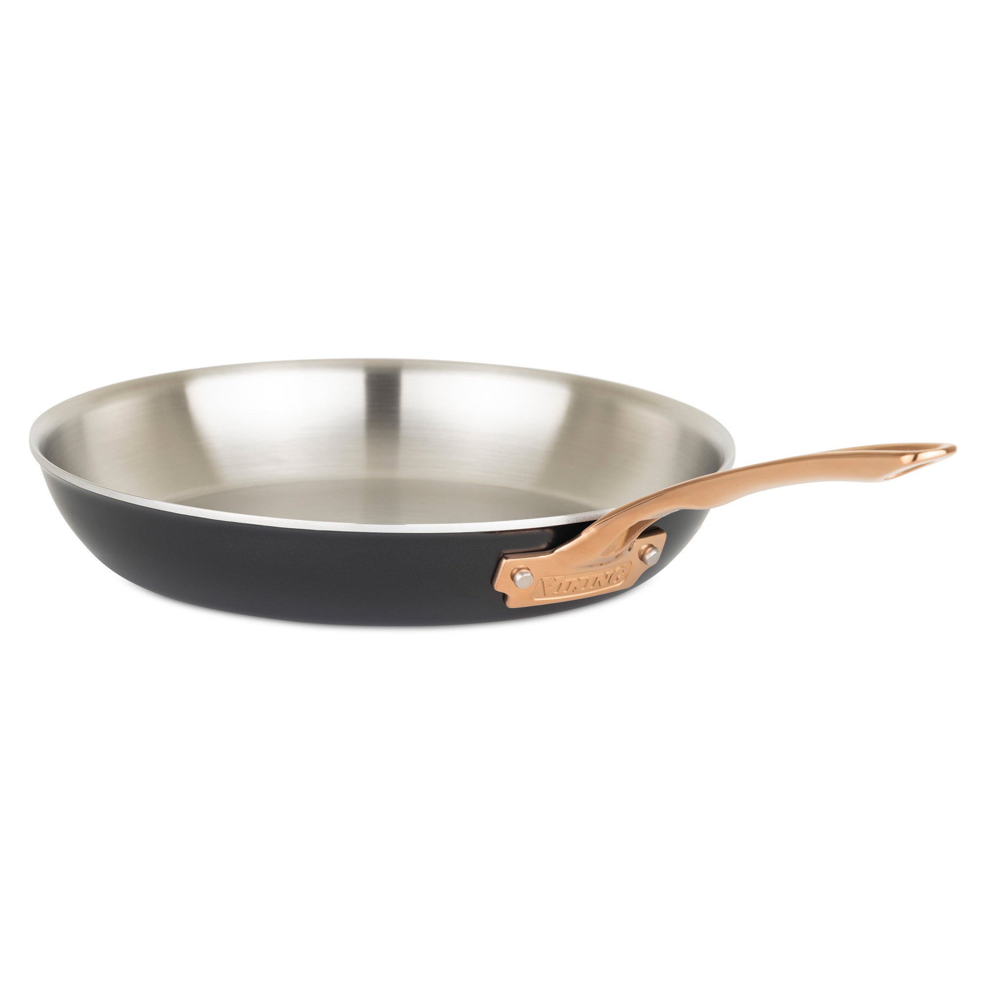 The Viking Culinary Products 3-Ply 11 Piece Black and Copper Cookware Set features pans with smooth interiors, slightly curved sides, and shiny stay-cool copper handles, shown here on a white background.