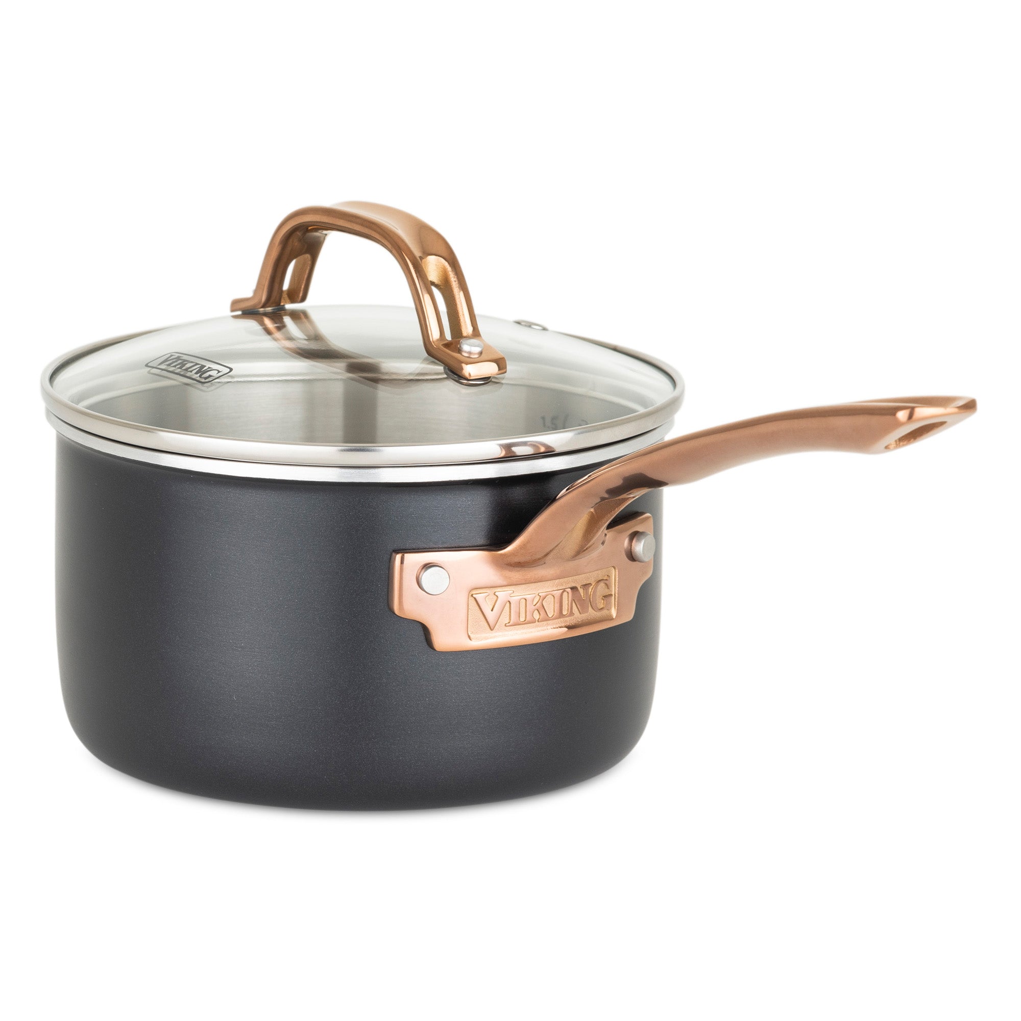 The Viking Culinary Products 3-Ply 11 Piece Black and Copper Cookware Set features black saucepans with Stay-Cool Handles, vented glass lids with copper-colored handles, and a stainless steel side plate engraved with the Viking name.
