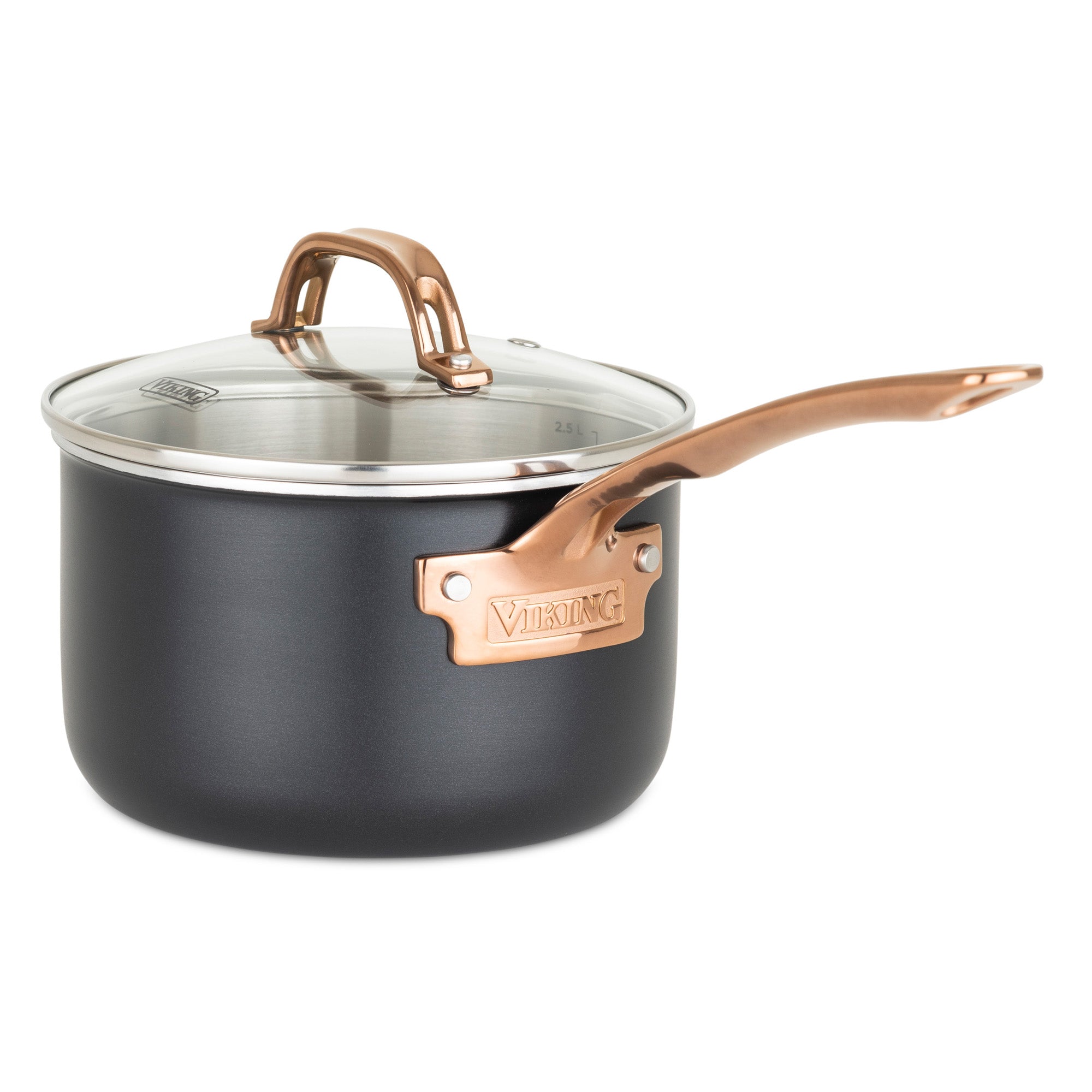 The Viking Culinary Products 3-Ply 11 Piece Black and Copper Cookware Set features glass lids and stay-cool copper-colored handles, with a distinctive copper plate displaying the brand name on each piece.