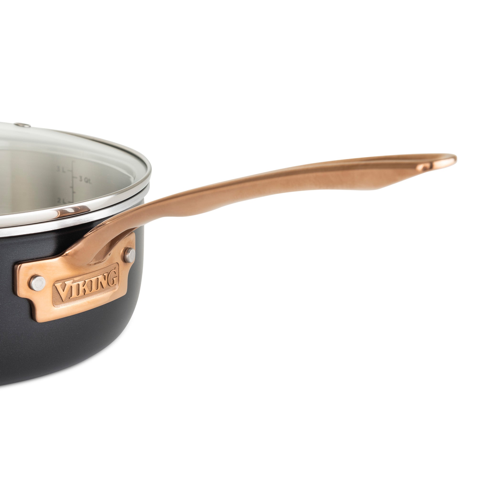 Close-up of a black saucepan from the Viking 3-Ply 11 Piece Black and Copper Cookware Set by Viking Culinary Products, with a Stay-Cool Handle, glass lid, and an embossed metal plate on the stainless steel side.