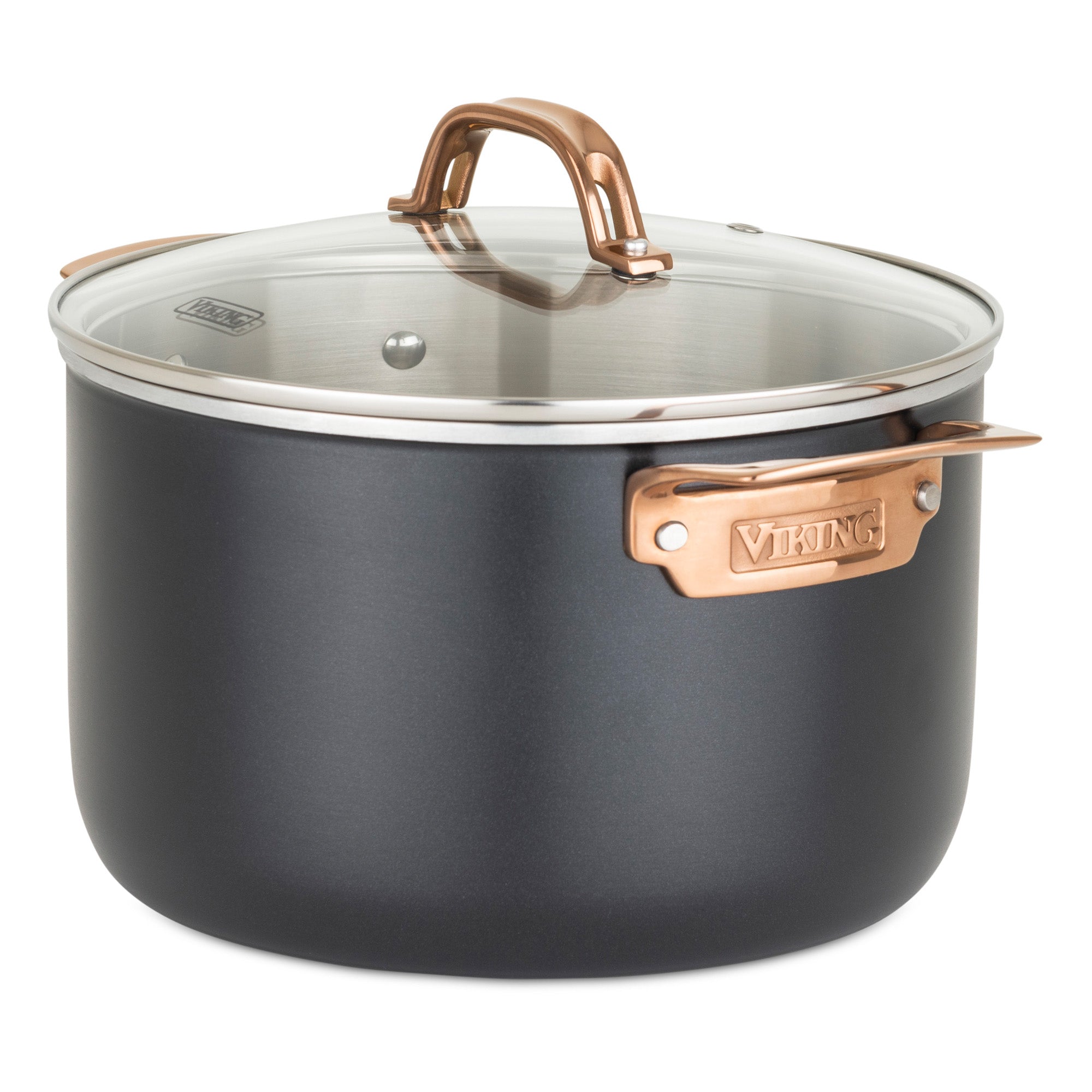The Viking 3-Ply 11 Piece Black and Copper Cookware Set by Viking Culinary Products features glass lids and copper accents, shown on a plain white background.