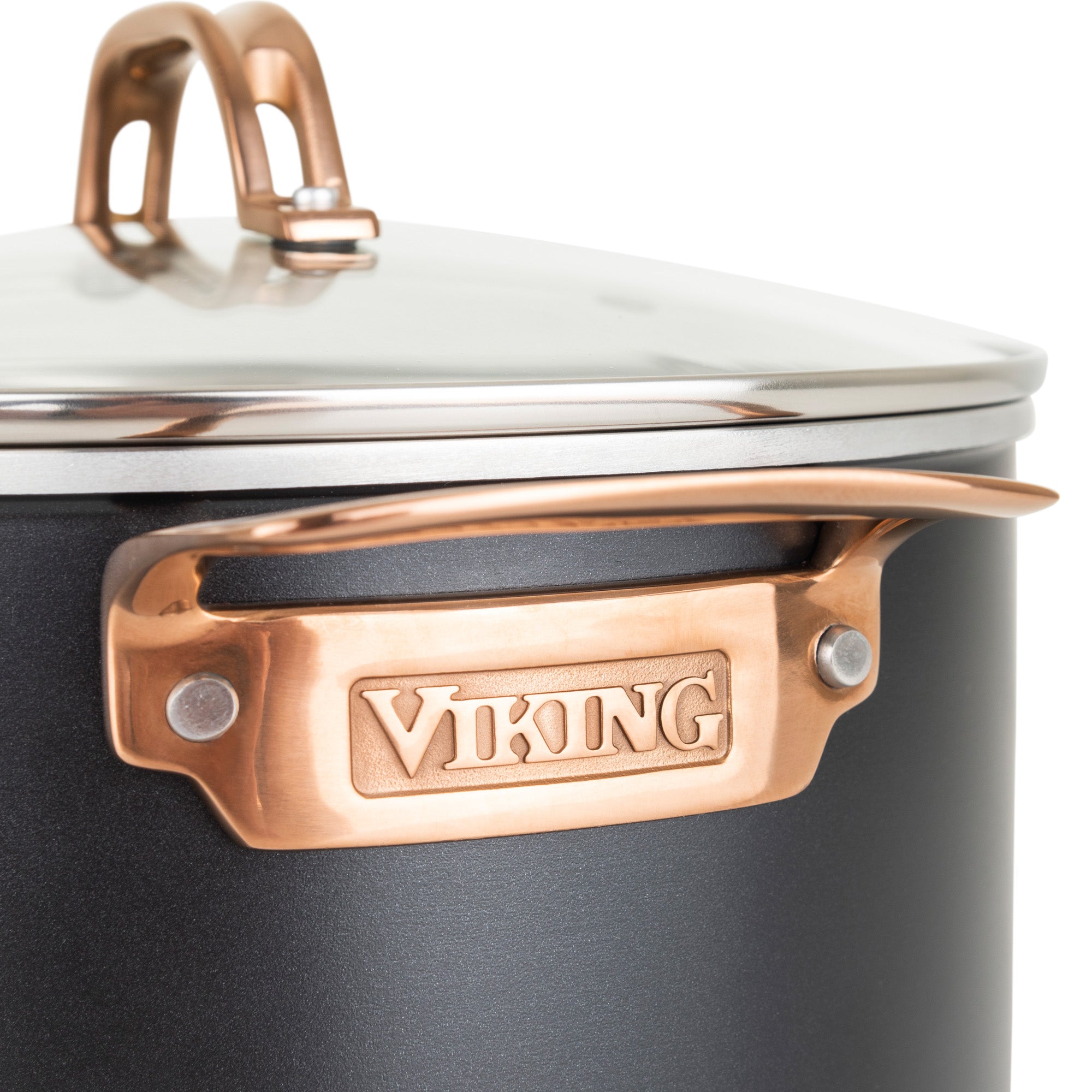 Close-up of a Viking Culinary Products 3-Ply 11 Piece Black and Copper Cookware Set pot featuring a metallic bronze, stay-cool handle with the Viking logo, plus glass lidâ€”blending style and comfort in your kitchen.