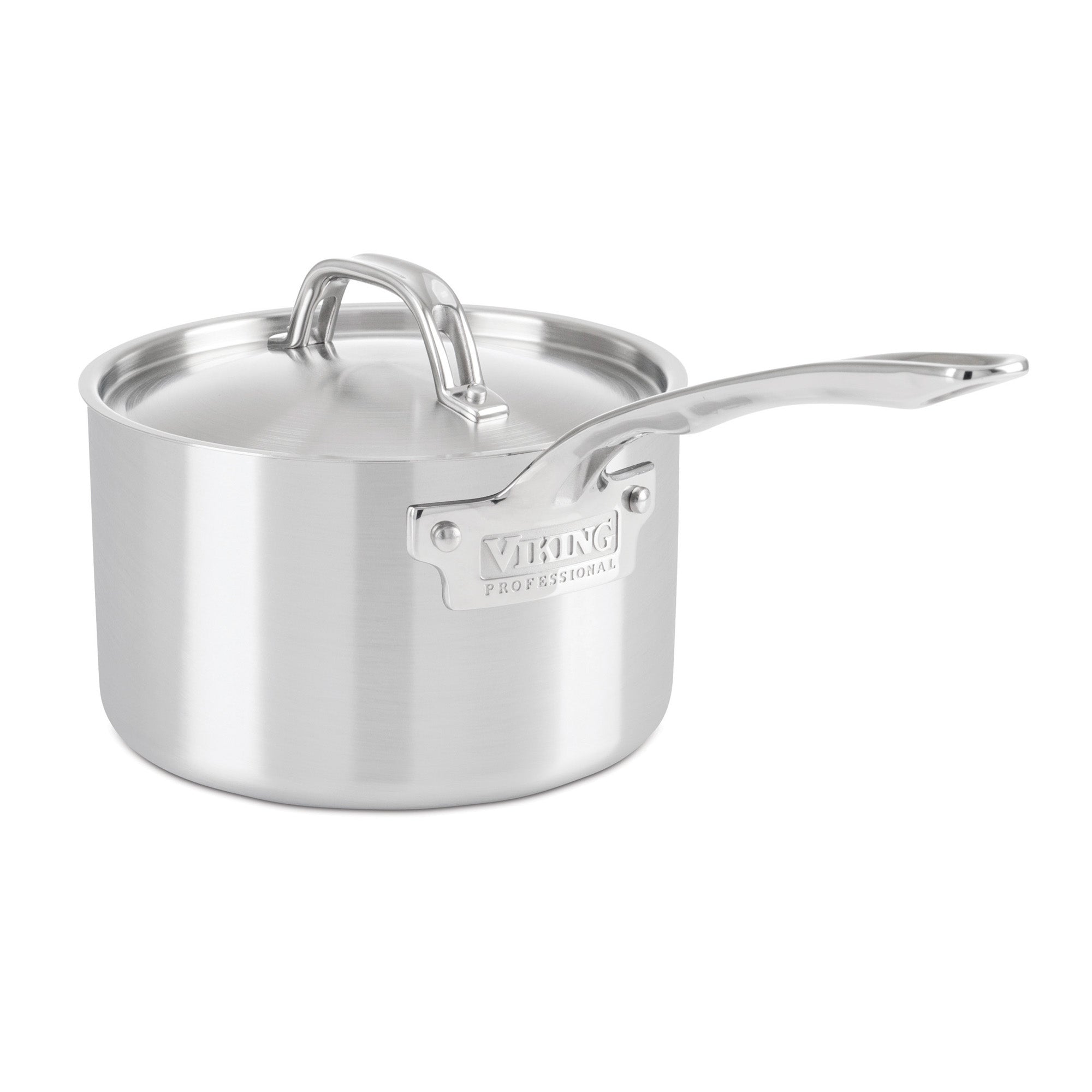 The Viking Professional 5-Ply 10-piece Cookware Set by Viking Culinary Products features shiny, reflective stainless steel, matching lids, long handles, and the Viking Professional engraving to showcase its premium oven-safe quality.