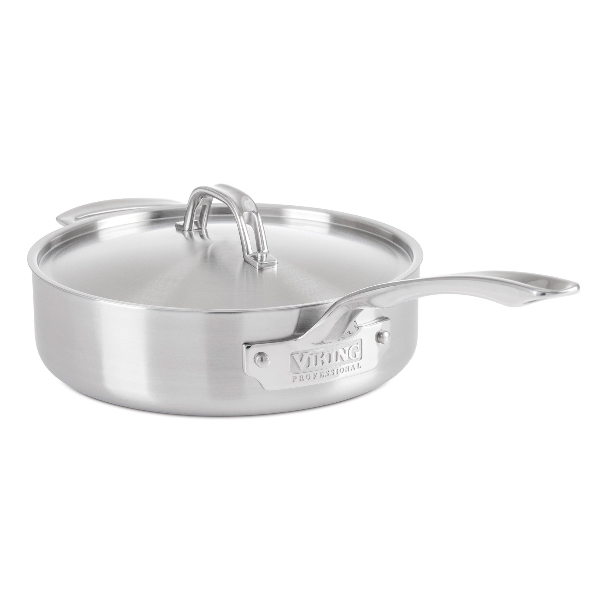 The Viking Professional 5-Ply 7-piece Cookware Set by Viking Culinary Products features dishwasher-safe stainless steel pans with sturdy construction, matching lids, and long Stay-Cool Handles. The brand name is engraved on the side. Shown on a white background.
