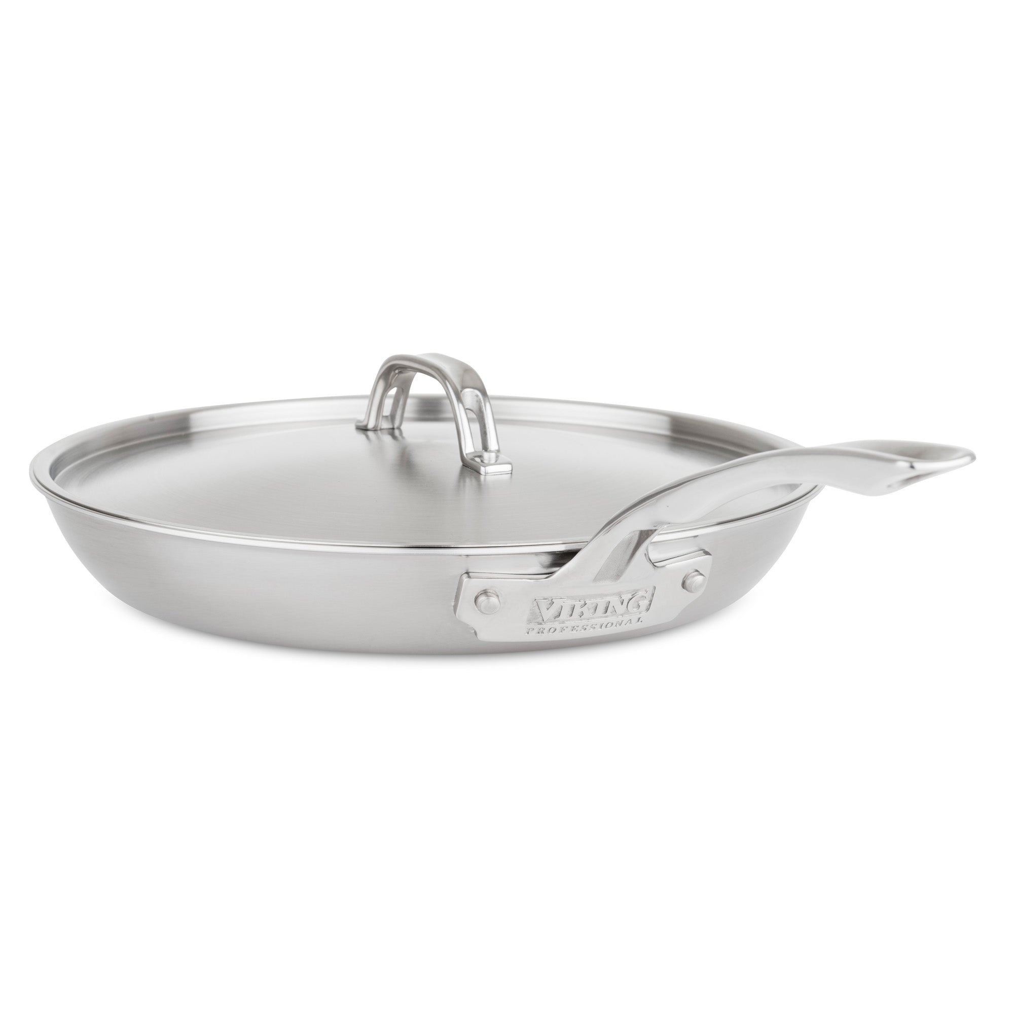 The Viking Professional 5-Ply Stainless Steel Covered Nonstick 12-Inch Fry Pan by Viking Culinary Products features stay-cool handles, a matching lid, embossed branding, and a polished look with durable 5-ply construction.