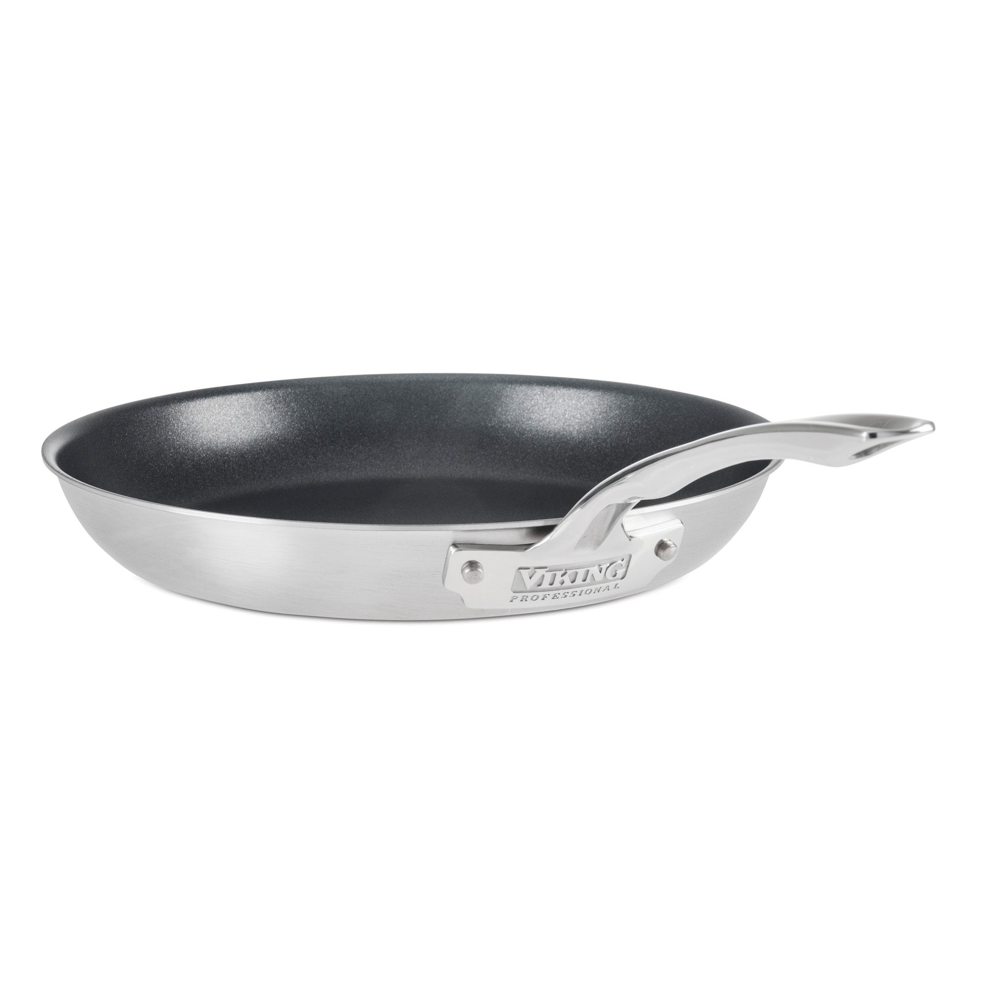 The Viking Professional 5-Ply Stainless Steel Covered Nonstick 12-Inch Fry Pan by Viking Culinary Products features a sturdy, riveted Stay-Cool handle, engraved logo, sleek stainless steel exterior, and black nonstick interior on a white background.