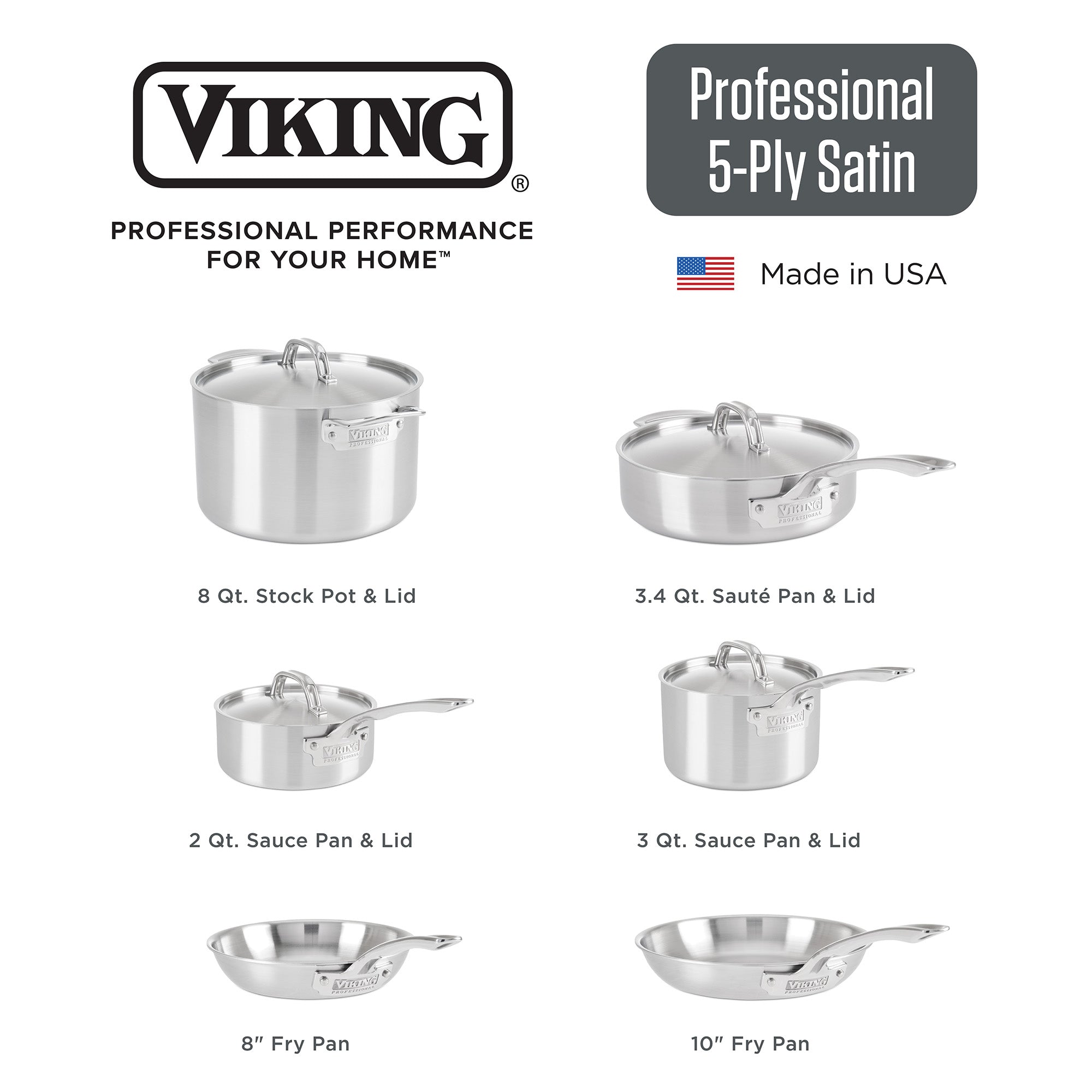 The Viking Culinary Products Professional 5-Ply 10-piece Cookware Set includes an 8 qt stock pot with lid, sautÃ© and saucepans with lids, and 8 & 10 fry pans. Made in the USA, this oven-safe set offers professional-grade performance.