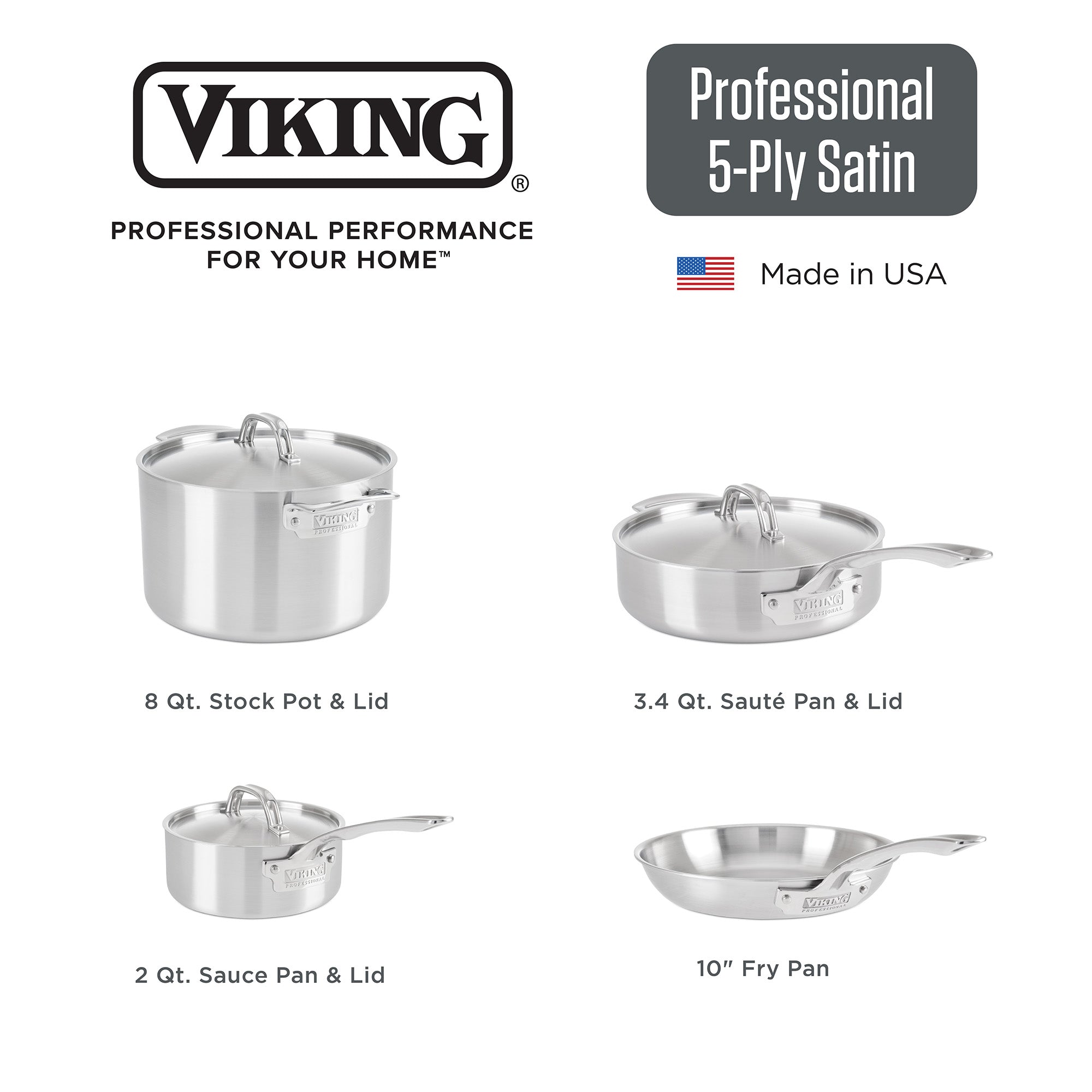The Viking Professional 5-Ply 7-piece Cookware Set by Viking Culinary Products features four stainless steel pots and pans with lids and Stay-Cool Handles, all made in the USA.
