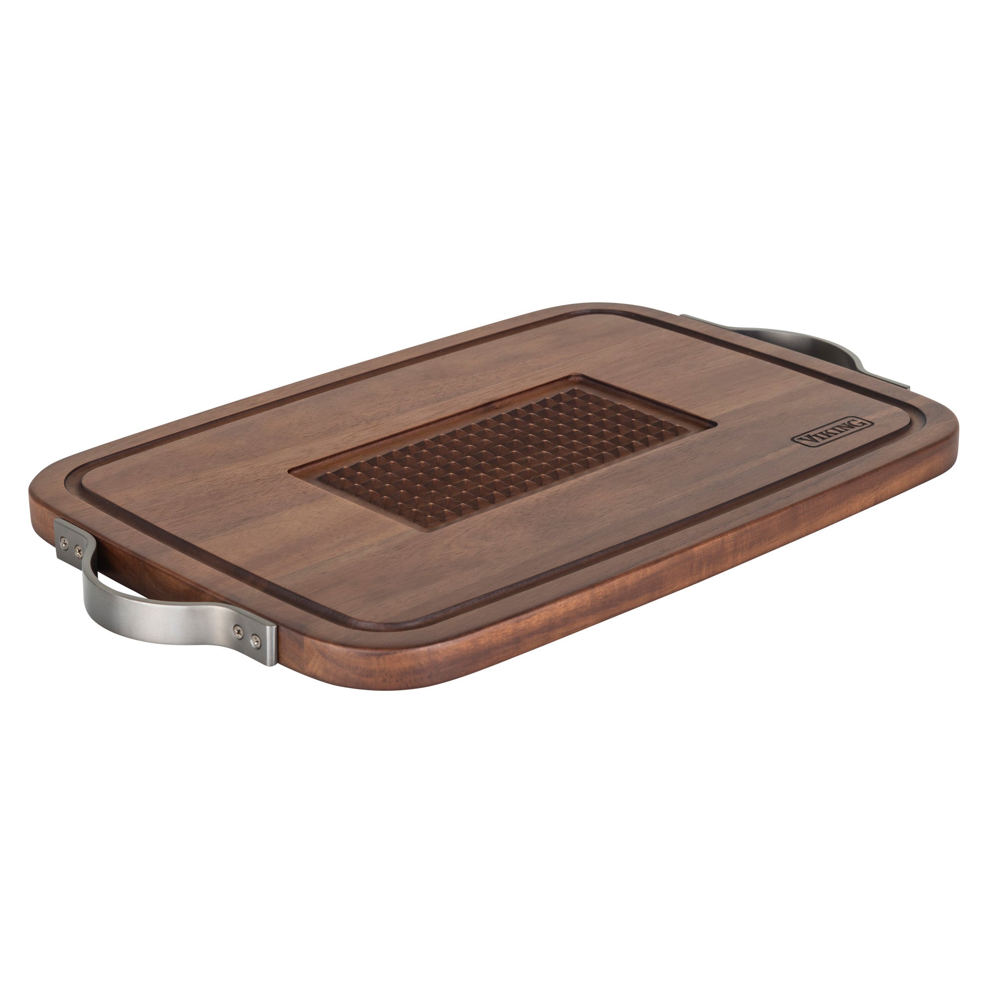 The Viking Acacia Carving Board by Viking Culinary Products features heavy-duty metal handles and a central juice well to catch juices or crumbs.