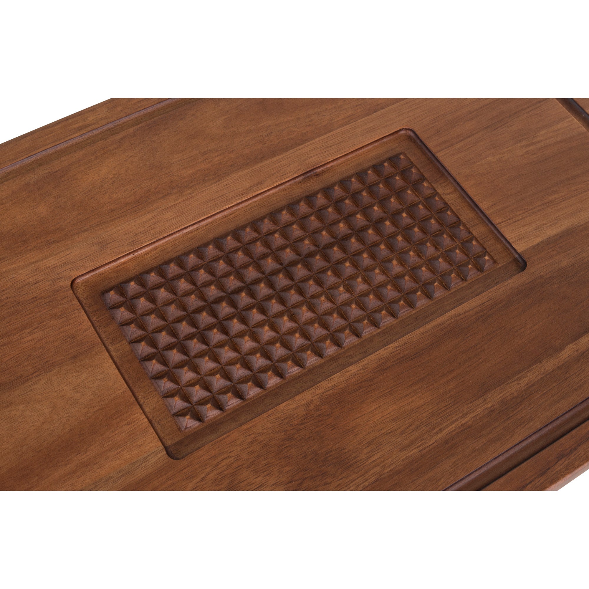 A close-up of the Viking Acacia Carving Board by Viking Culinary Products showcases its acacia wood surface, rectangular shape, and central geometric, pyramid-textured pattern.
