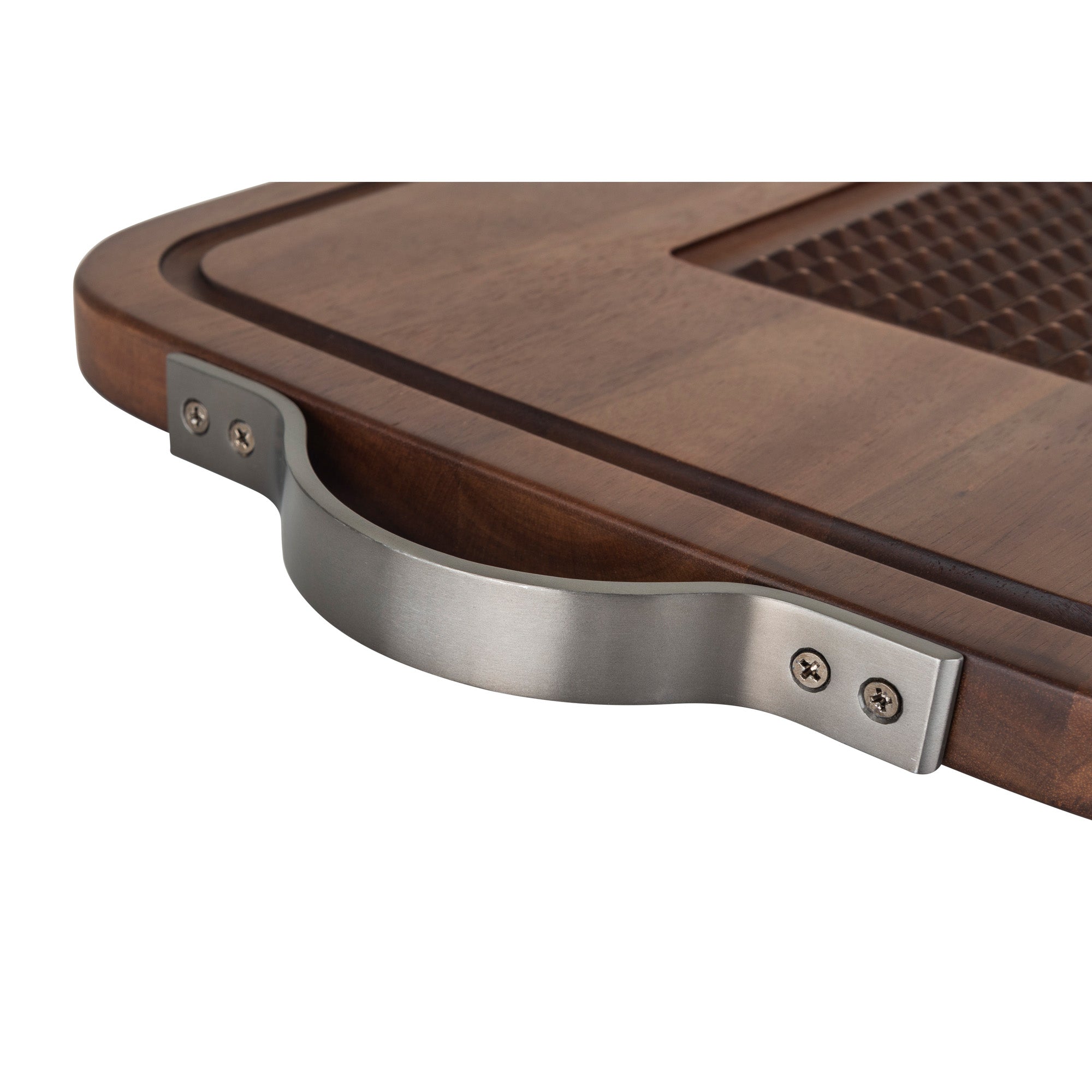 A close-up of the Viking Acacia Carving Board by Viking Culinary Products shows its grooved juice well and sturdy metal handle secured with three screws for durability.