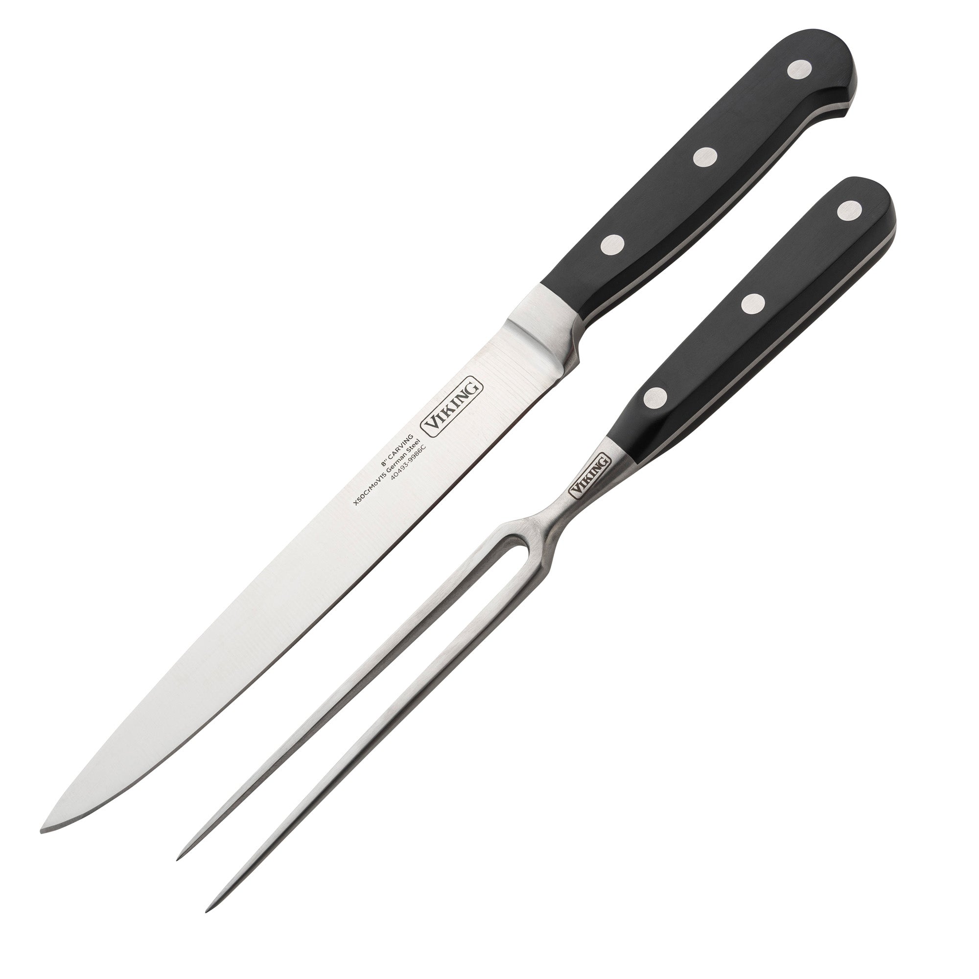 A Viking Culinary Products Hard Anodized Nonstick Roaster with copper handles, rack, and a bonus carving set is displayed side by side on a white background.