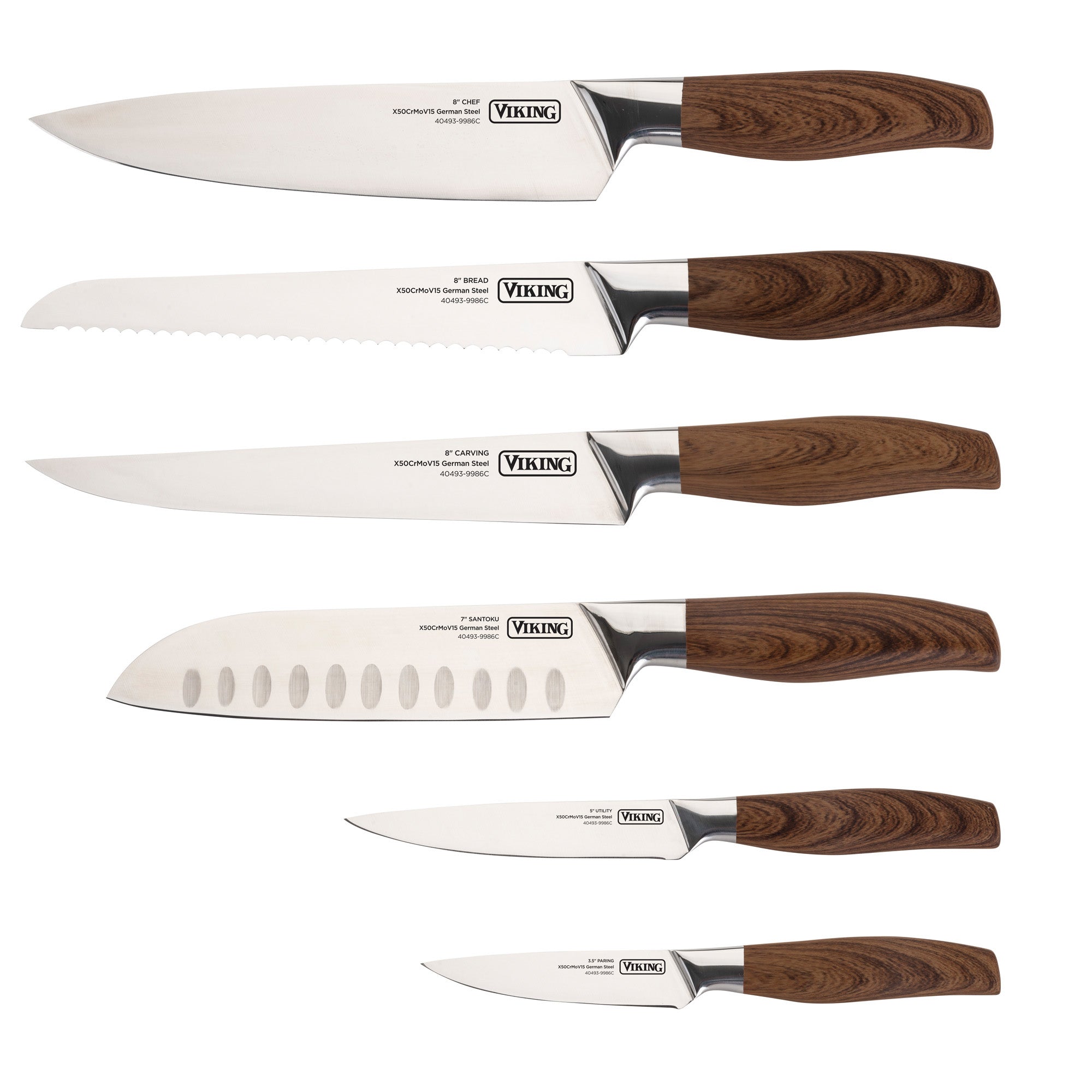 Viking 6-Piece German Steel Hollow Handle Cutlery Set with Sleeves, Brown Wood Pattern Handle