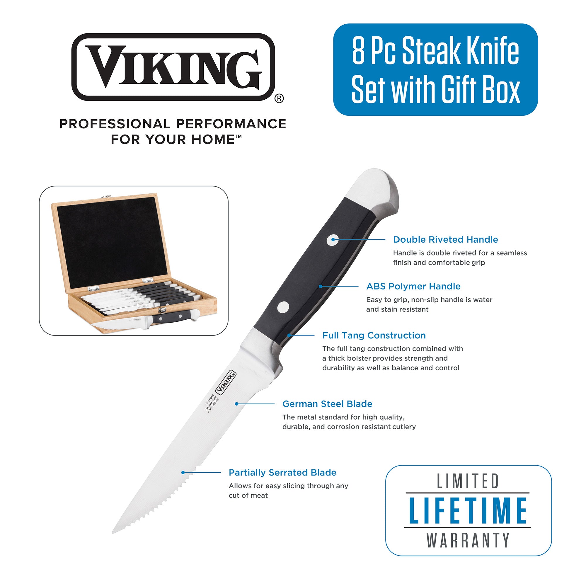 An image shows the Viking Steakhouse 8-Piece Steak Knife Set with Gift Box by Viking Culinary Products, featuring corrosion-resistant German stainless steel blades, double-riveted ABS handles, full tang construction, and partially serrated edges.