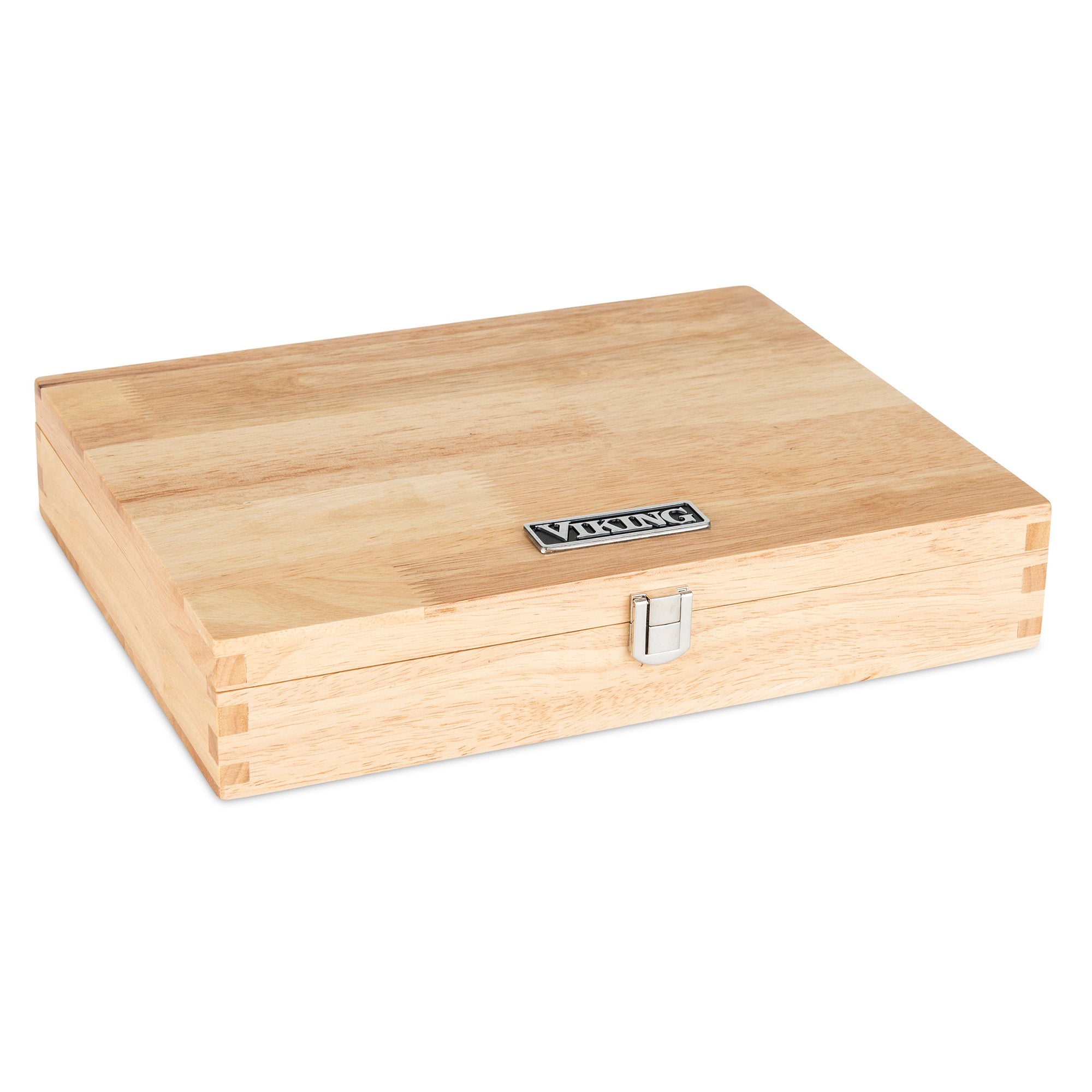 A light wood rectangular gift box from Viking Culinary Products features a silver latch and a â€œVikingâ€ plaque on top. Inside, the Viking Steakhouse 8-Piece Steak Knife Set boasts durable German Stainless Steel, all set against a white background.