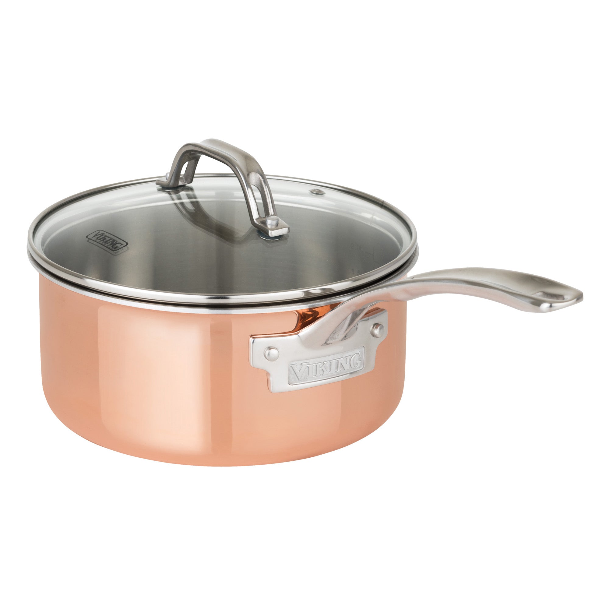 The Viking 3-Ply Copper Clad 13-Piece Cookware Set with Glass Lids by Viking Culinary Products features copperâ€™s high thermal conductivity, stainless steel handles, and the engraved brand plate, highlighting premium quality against a white background.