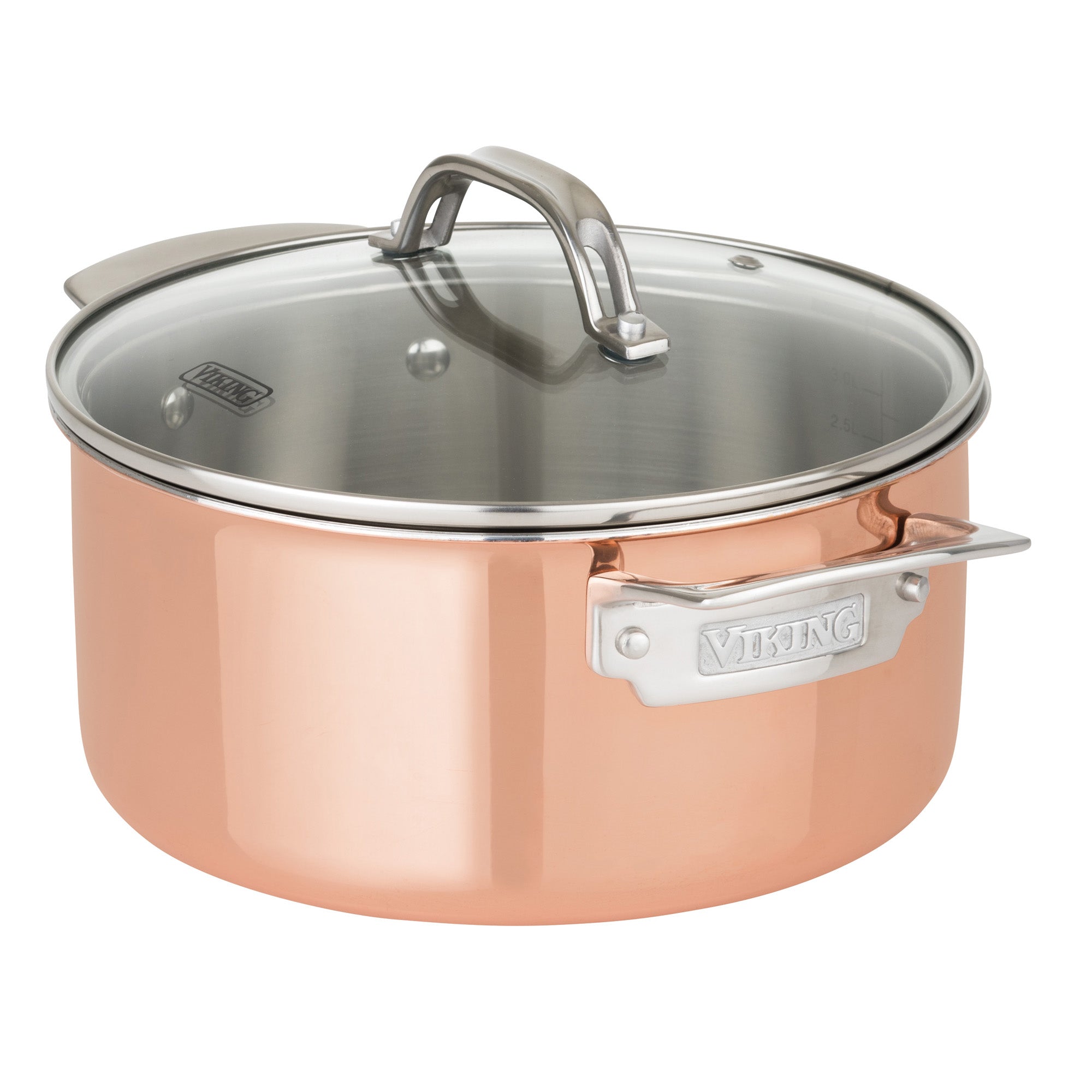 The Viking Culinary Products 3-Ply Copper Clad 13-Piece Cookware Set features shiny copper pots with high thermal conductivity, sturdy metal handles, and clear glass lids, with the Viking logo embossed on the side handle.