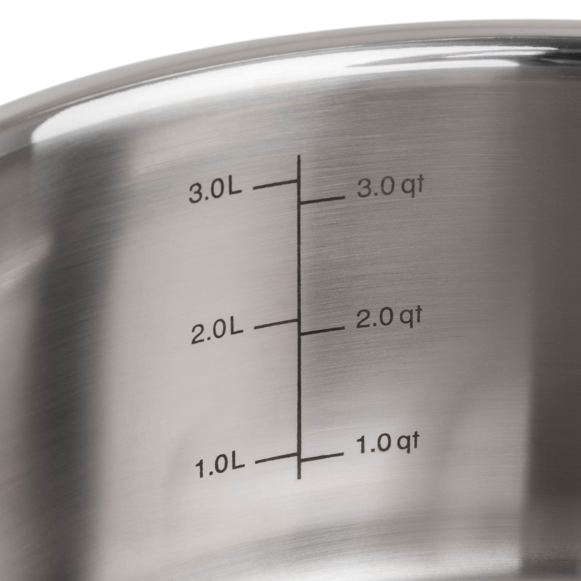Close-up of the Viking Culinary Products 3-Ply Copper Clad pot from the 13-piece set, showing engraved markings for liters (1.0 to 3.0 L) and quarts (1.0 to 3.0 qt) and durable tri-ply construction with glass lids.