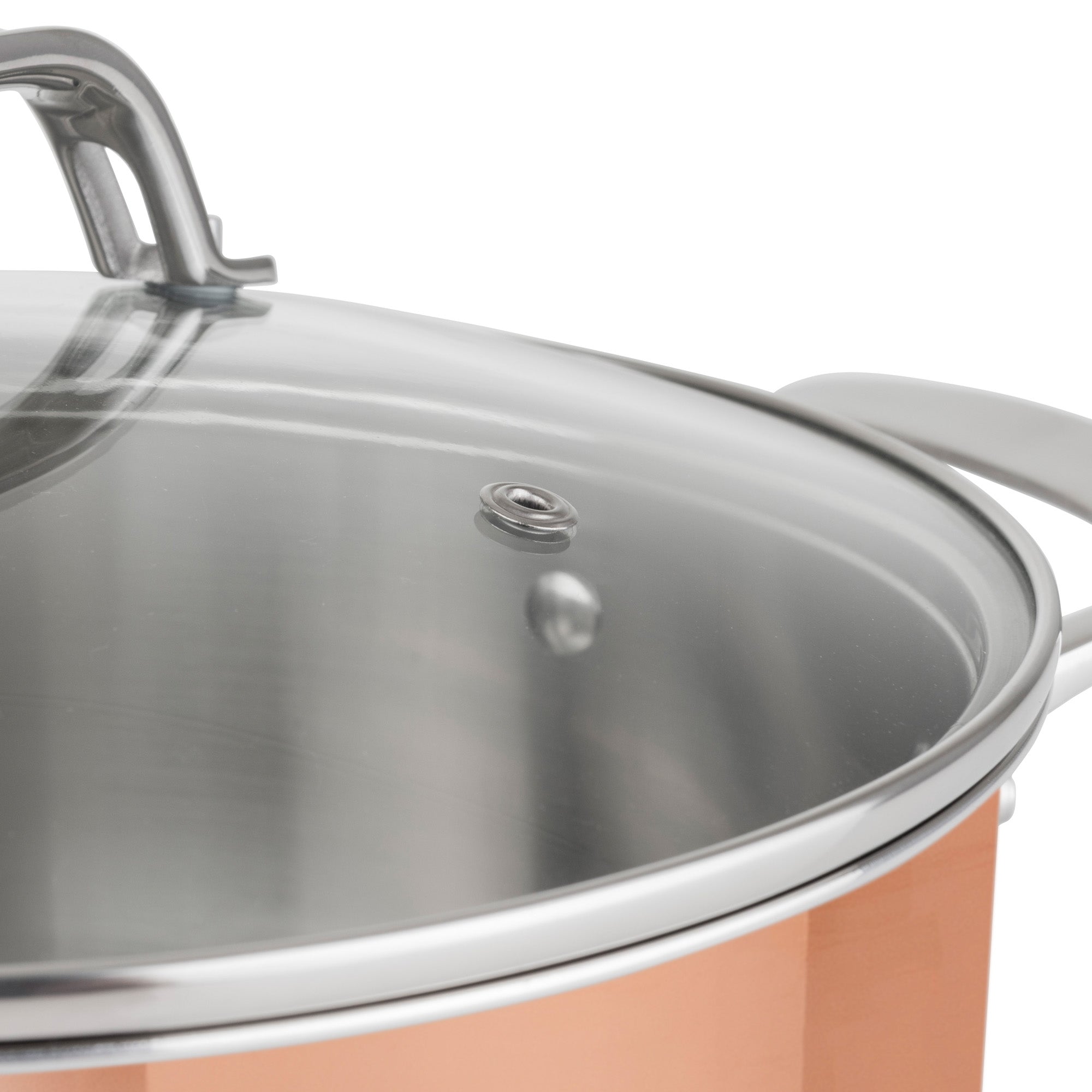 Close-up of the Viking Culinary Products 3-Ply Copper Clad 13-Piece Cookware Set, showing a copper-colored pot with sturdy handles and a glass lid with steam vent.