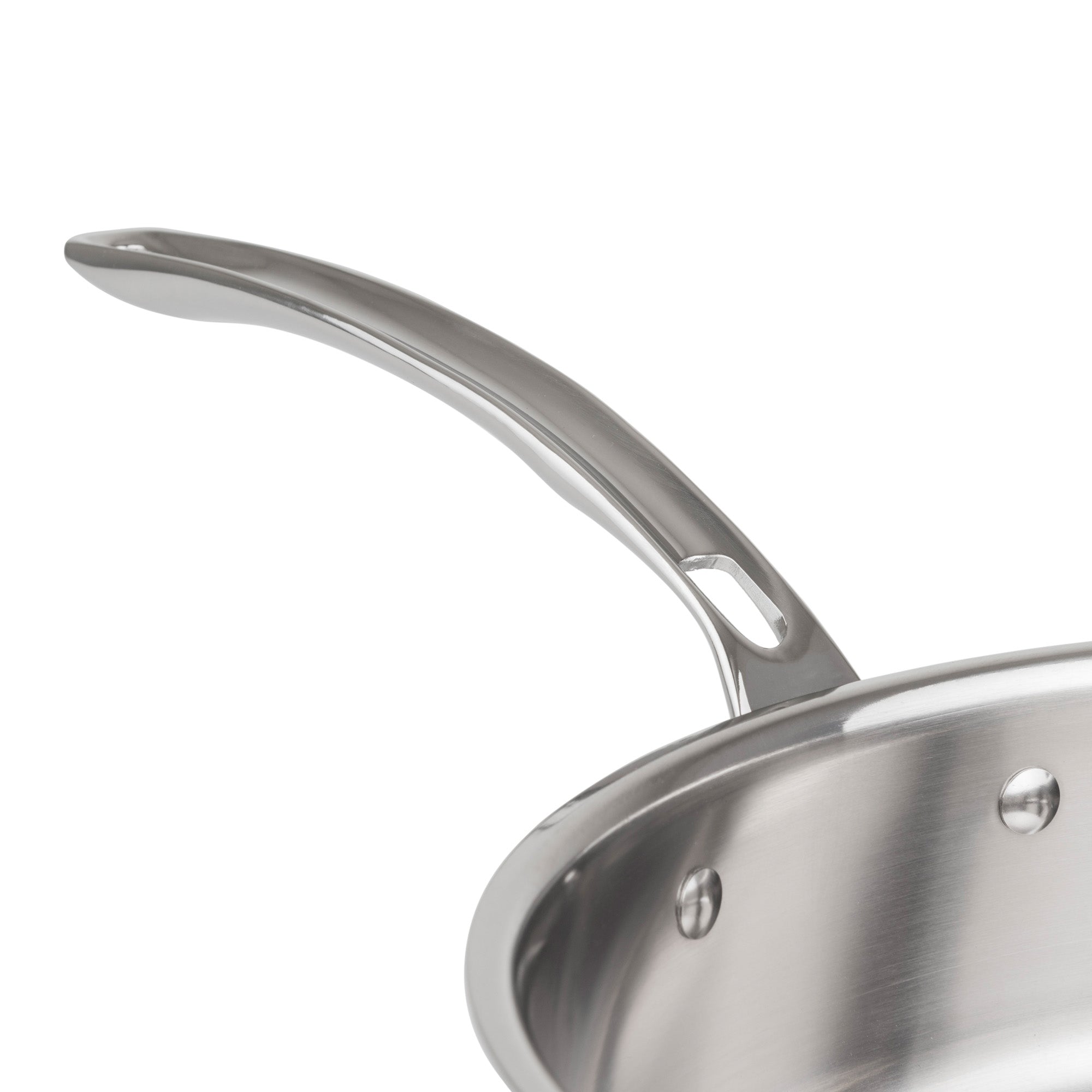 Close-up of the Viking 3-Ply Copper Clad frying pan from Viking Culinary Products, showing its curved, hangable handle and part of the rim against a white background. Featured in the 13-piece set with glass lids.