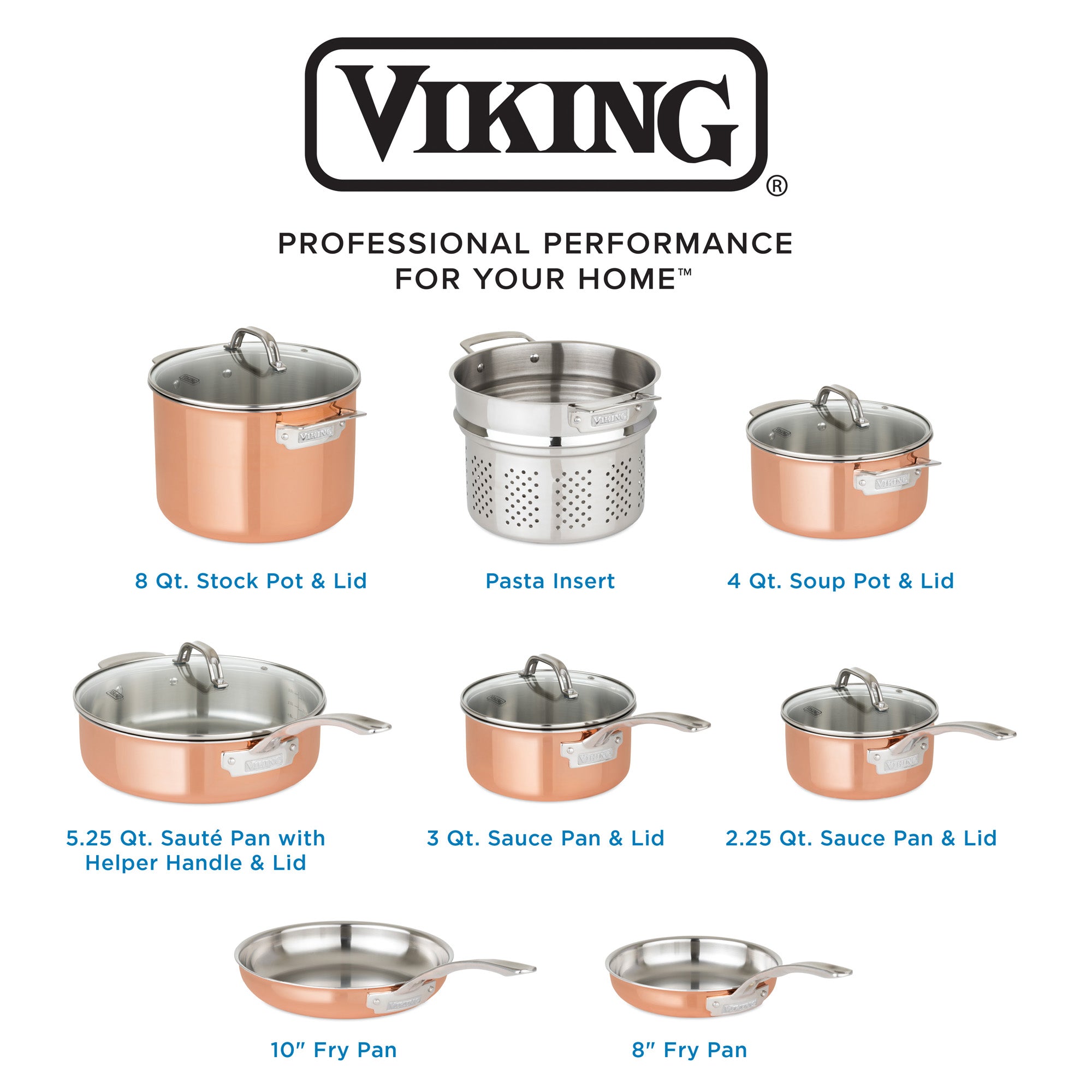 The Viking 3-Ply Copper Clad 13-Piece Cookware Set with glass lids from Viking Culinary Products features stock pots, saucepans, sautÃ© and fry pans, plus a pasta insert in copper finish, arranged on white beneath the Viking logo.