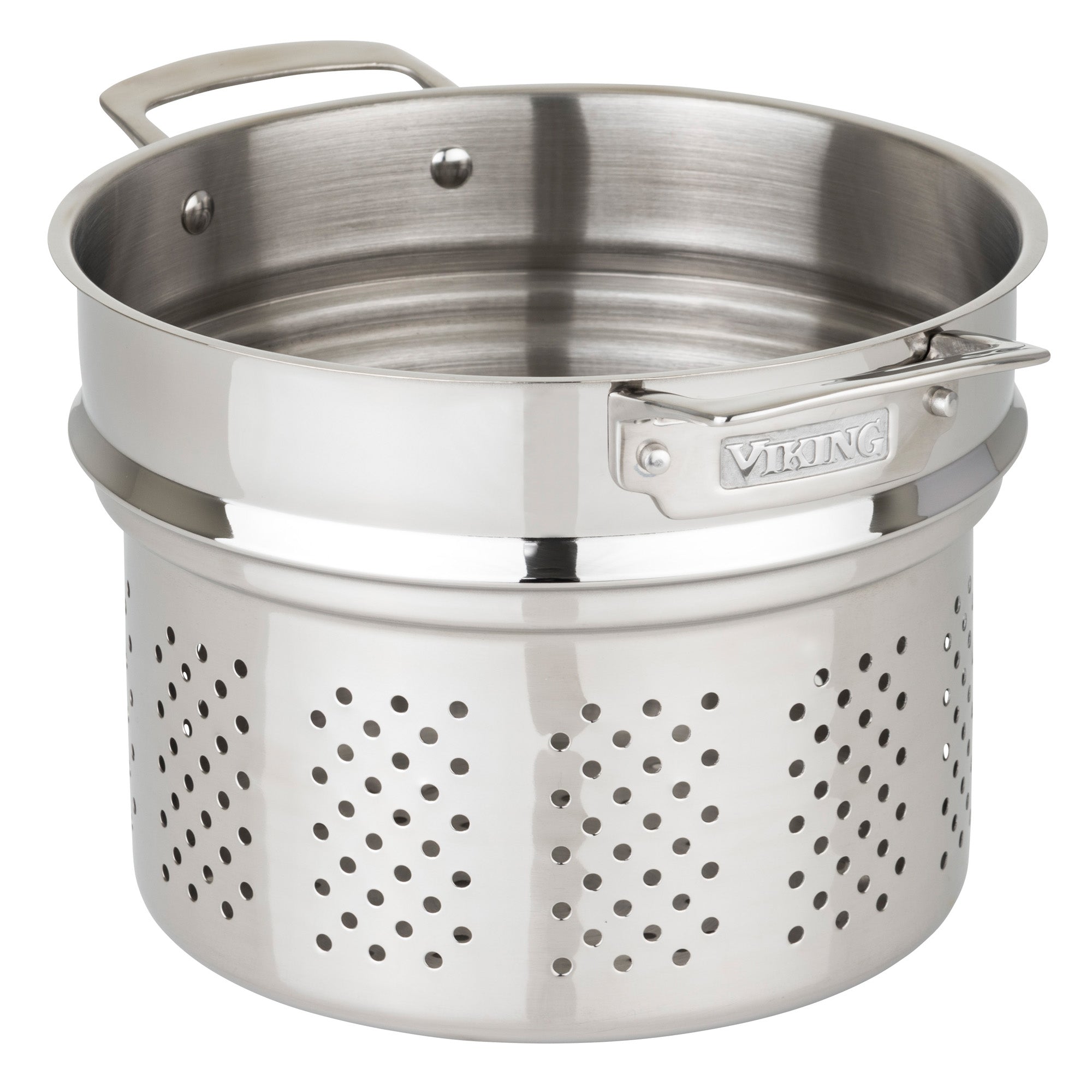 The Viking Culinary Products 3-Ply Copper Clad 13-Piece Cookware Set includes a stainless steel pasta insert with small perforated holes for easy draining of pasta or vegetables; the Viking logo appears on the handle.