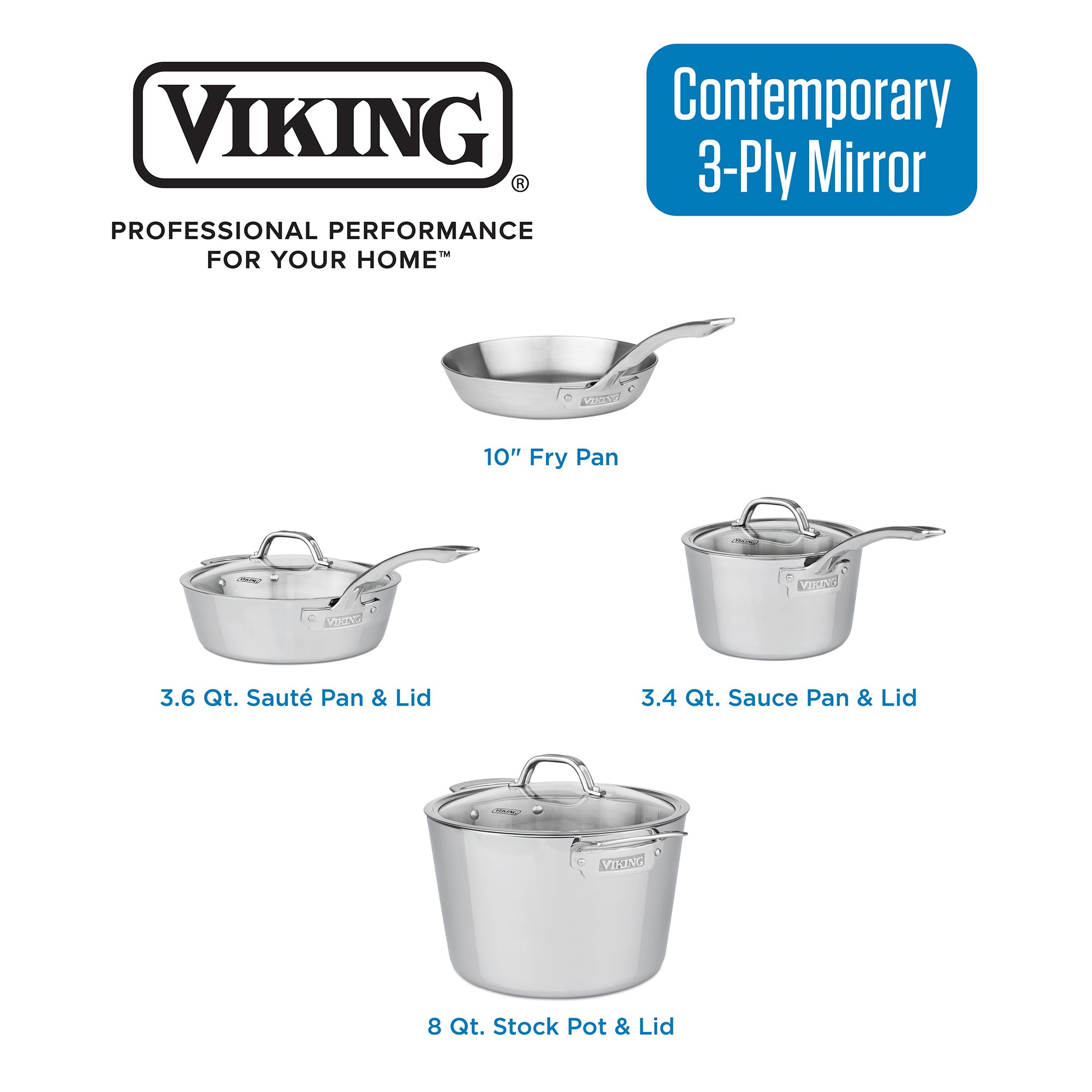 The Viking Contemporary 3-Ply Stainless Steel 7-Piece Cookware Set with Glass Lids by Viking Culinary Products includes a 10â€ fry pan, 3.6 qt. sautÃ© pan with lid, 3.4 qt. sauce pan with lid, and 8 qt. stock pot with lidâ€”induction compatible, on white background.