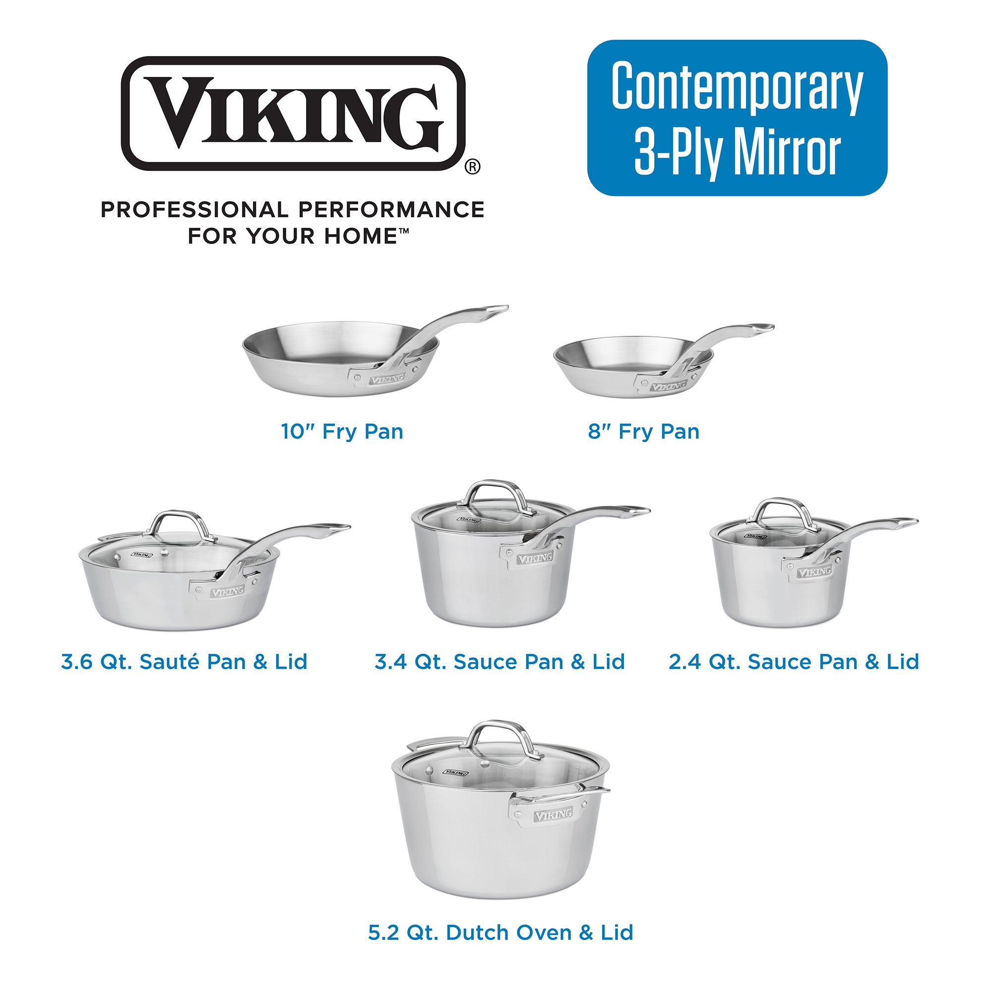 The Viking Culinary Products Contemporary 3-Ply Stainless Steel 10-Piece Cookware Set with Glass Lids features durable 3-ply construction for even heating, and all pieces are dishwasher safe for easy cleanup.