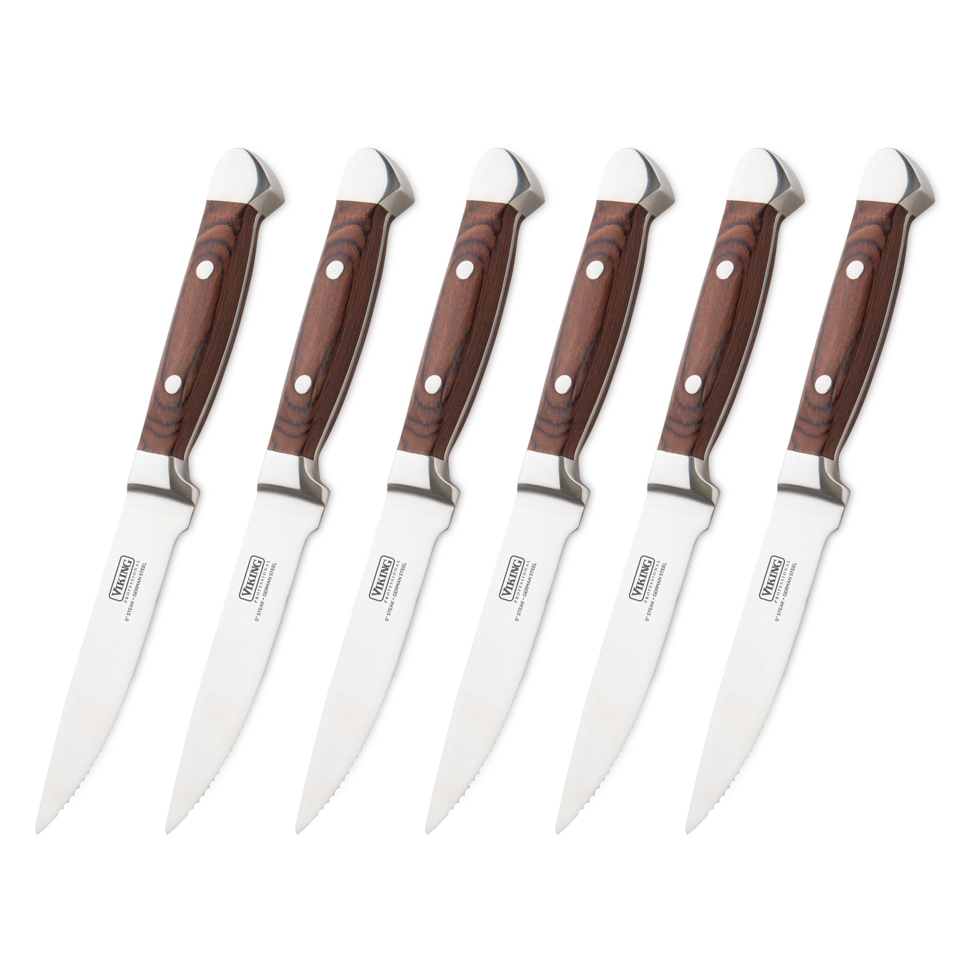 Six Viking Steakhouse Pakka Wood 6-Piece Steak Knives by Viking Culinary Products, featuring serrated blades and red pakkawood handles, are arranged diagonally side by side on a white background.