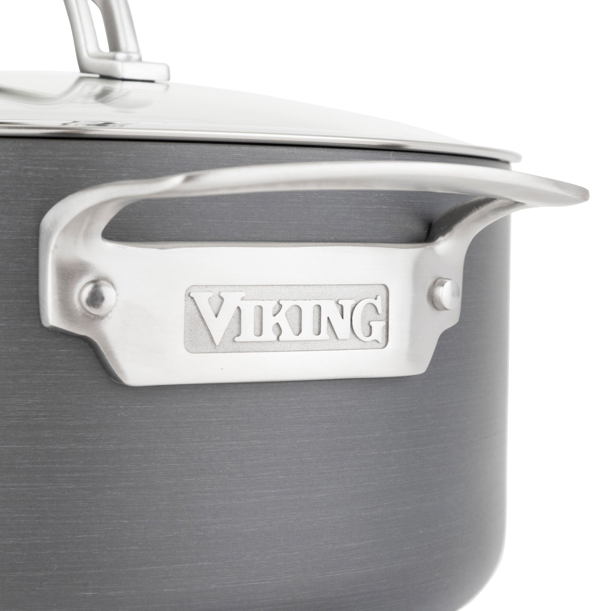 Close-up of a Viking Culinary Products Hard Anodized Nonstick 8-Quart Stock Pot with glass lid, featuring Stay-Cool Handles embossed with the Viking logo.