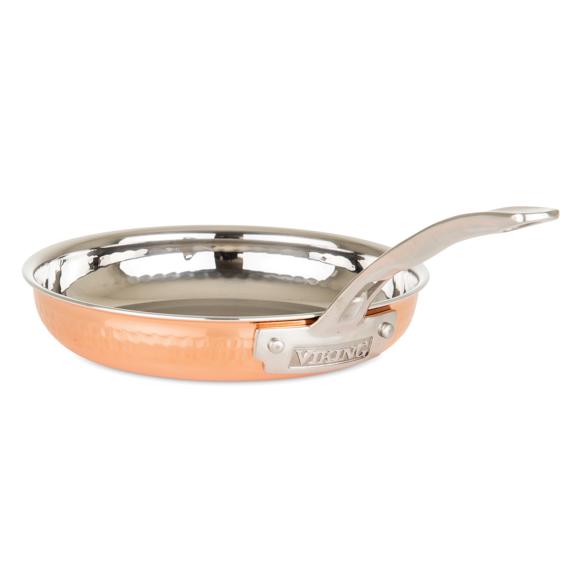 The Viking 3-Ply Hammered Copper Clad 10-Piece Cookware Set by Viking Culinary Products features polished stainless steel interiors, sturdy metal handles engraved with â€œViking,â€ and is shown on a white background. Glass lids are included.